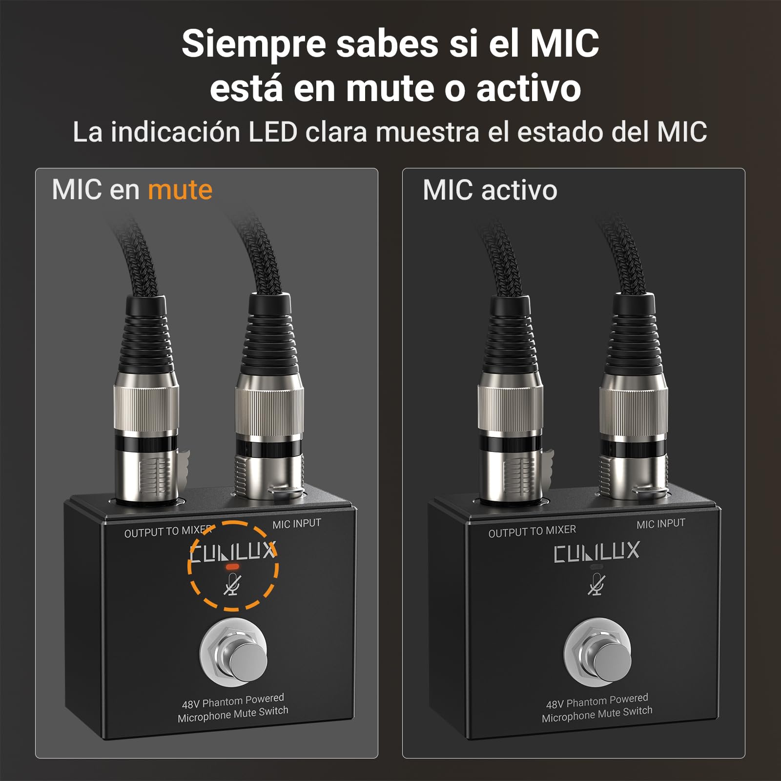 Cubilux MMX-3 Interruptor Mute XLR de Pedal para micrófono de Condensador 48V, Control Mano/pie, Carcasa de Aluminio, Switch in-Line Mic on/Off para Estudio, Streaming, Broadcast y Escenario