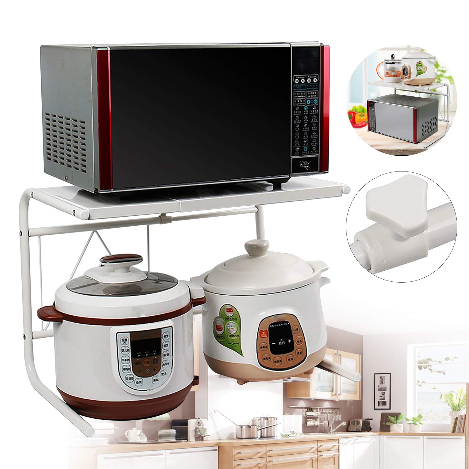 Étagère à micro-ondes extensible à 2 niveaux en acier au carbone Étagère de cuisine extensible Support micro-ondes multifonction Étagère de cuisine Organisateur