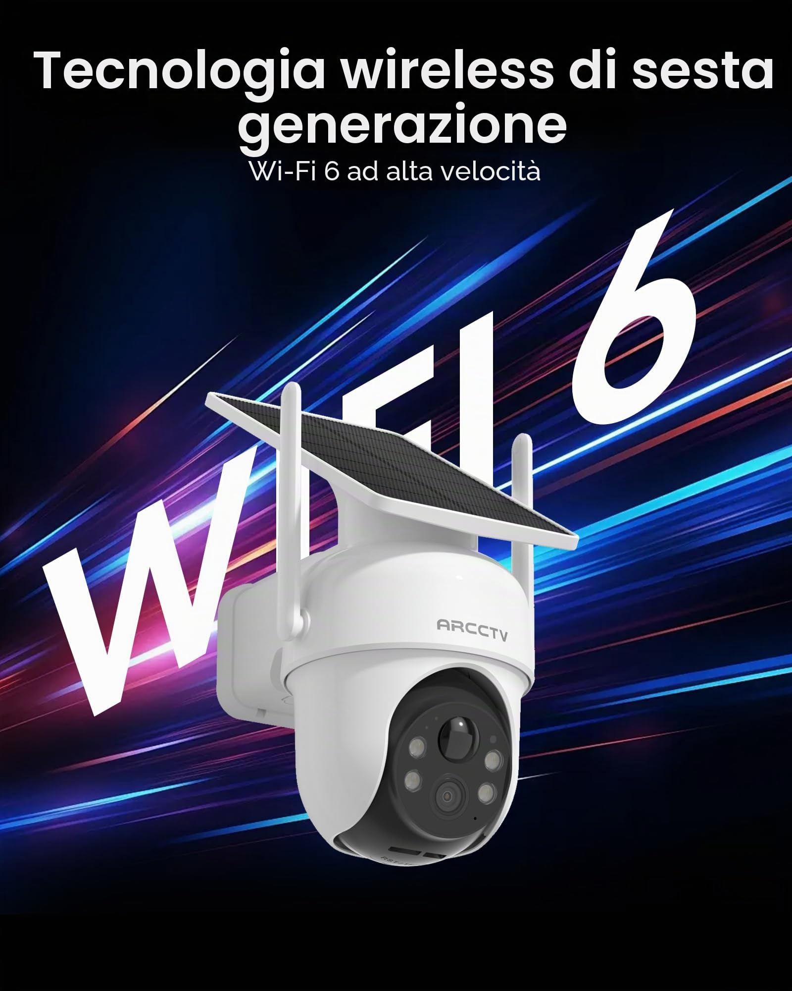 ARCCTV Telecamera di Sorveglianza per Esterni, Telecamera Batteria Esterno | 100% Wireless, Rotazione a 360°, Rilevamento del Movimento, Pannelli Solari Integrati, Adatta per Kit Telecamere ARCCTV