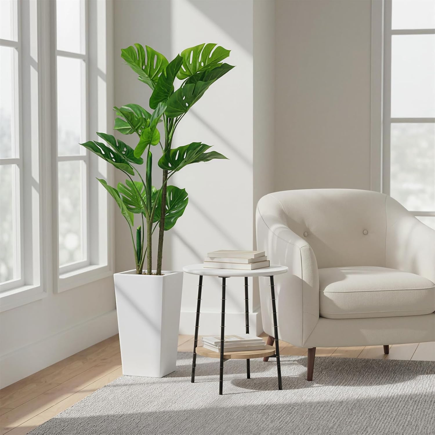4.5FT Artificial Monstera Plant in White Tall Planter, Mini Fake Swiss Cheese Plant, Decorative Evergreen Tropical Floor Tree for Living Room Entryway Porch Office