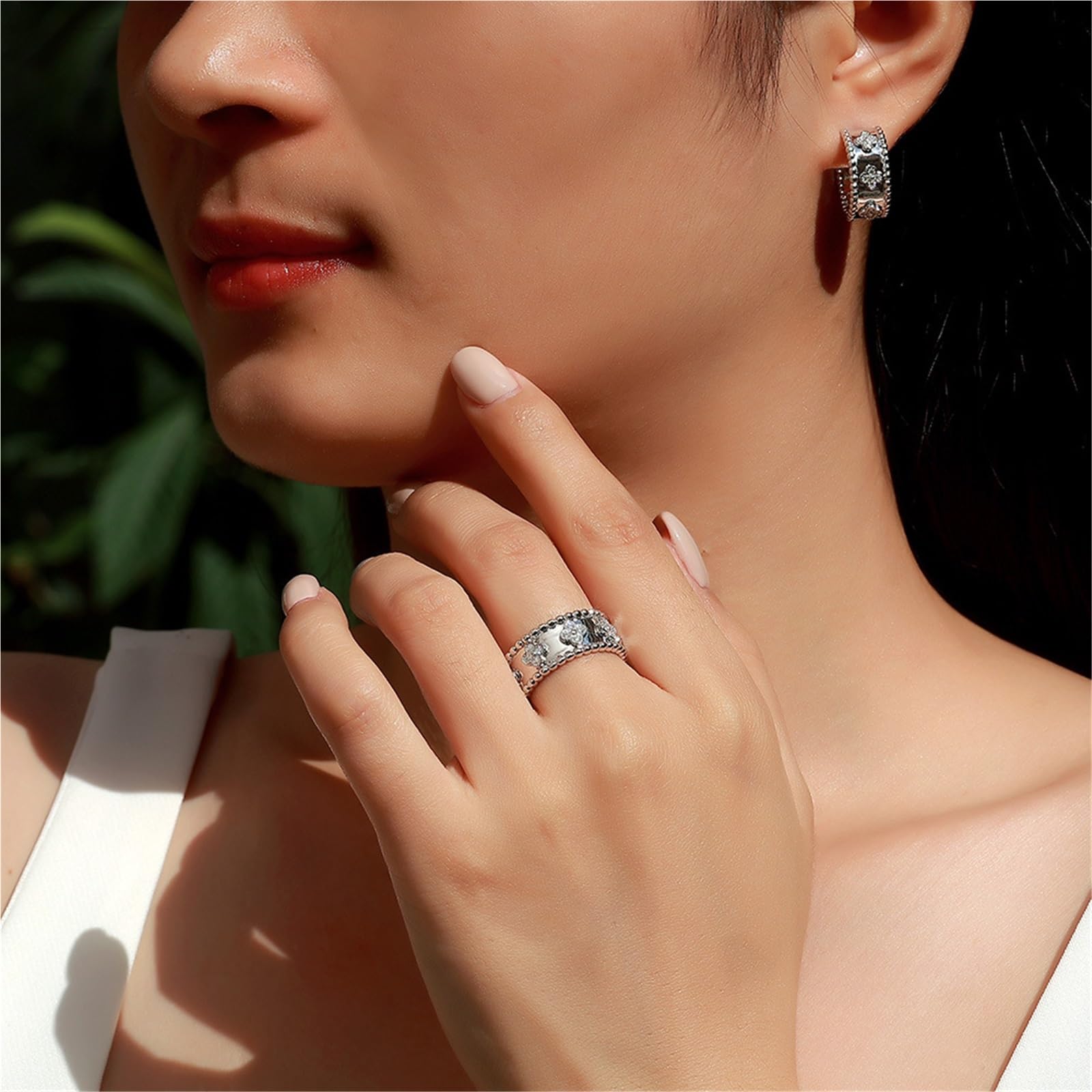 Doppelperlen-Kleeblatt-Ring for Damen aus Sterlingsilber, 32 Moissanit-Steine ​​(0,32 ct D VVS), for Hochzeit/Jahrestag