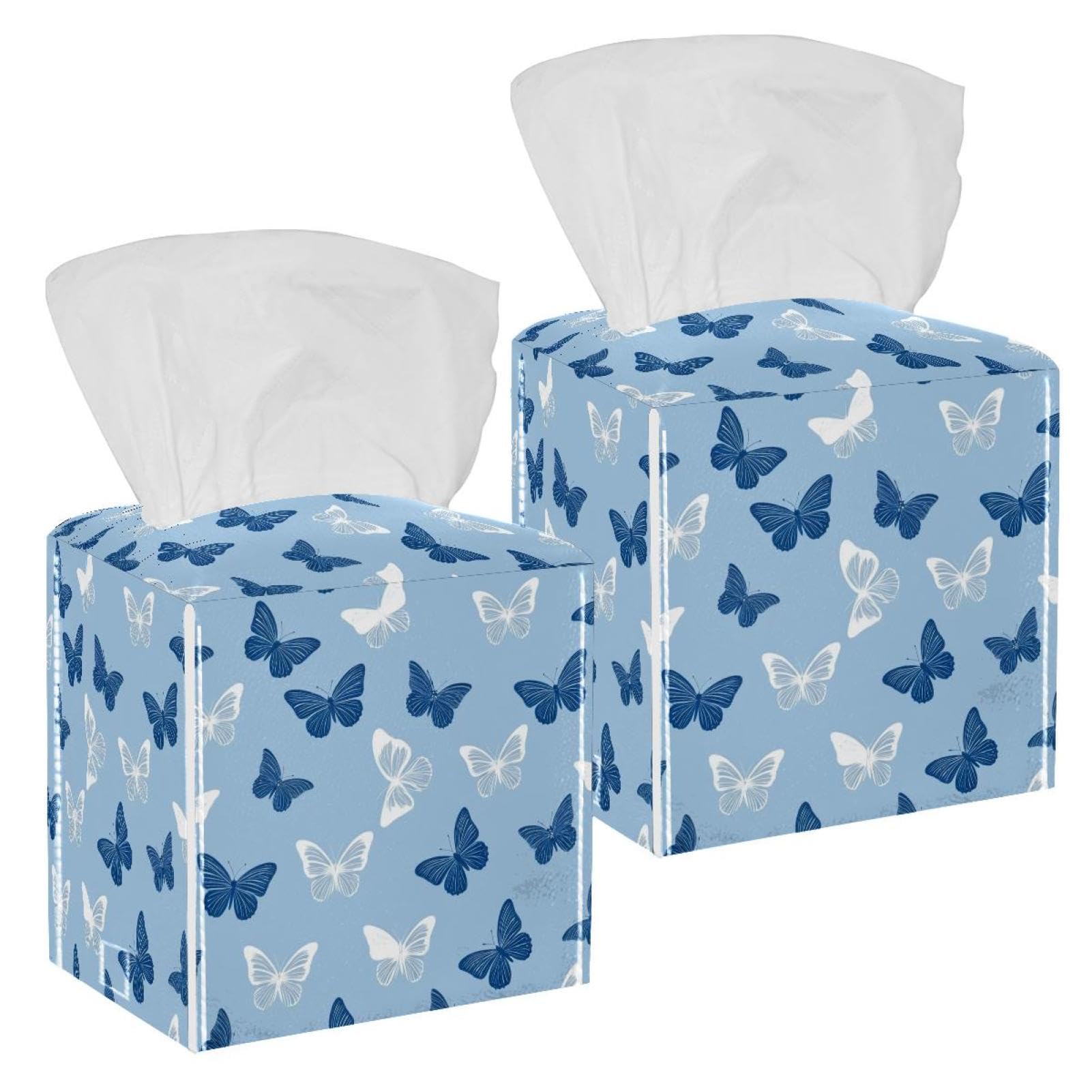 Aesthetic Butterfly Tissue Box Cover, 2 Pack PU Leather Square Facial Tissue Dispenser Box holder for Home Office Car