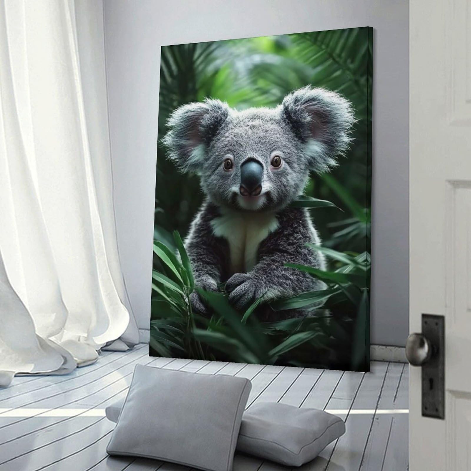 Junmoney Canvas Art Print Cute Koala Portrait in Lush Foliage, 24x36inch(60x90cm), for New Homes, Bedrooms Or Workspaces, Thoughtful Wall Decor for Art Lovers