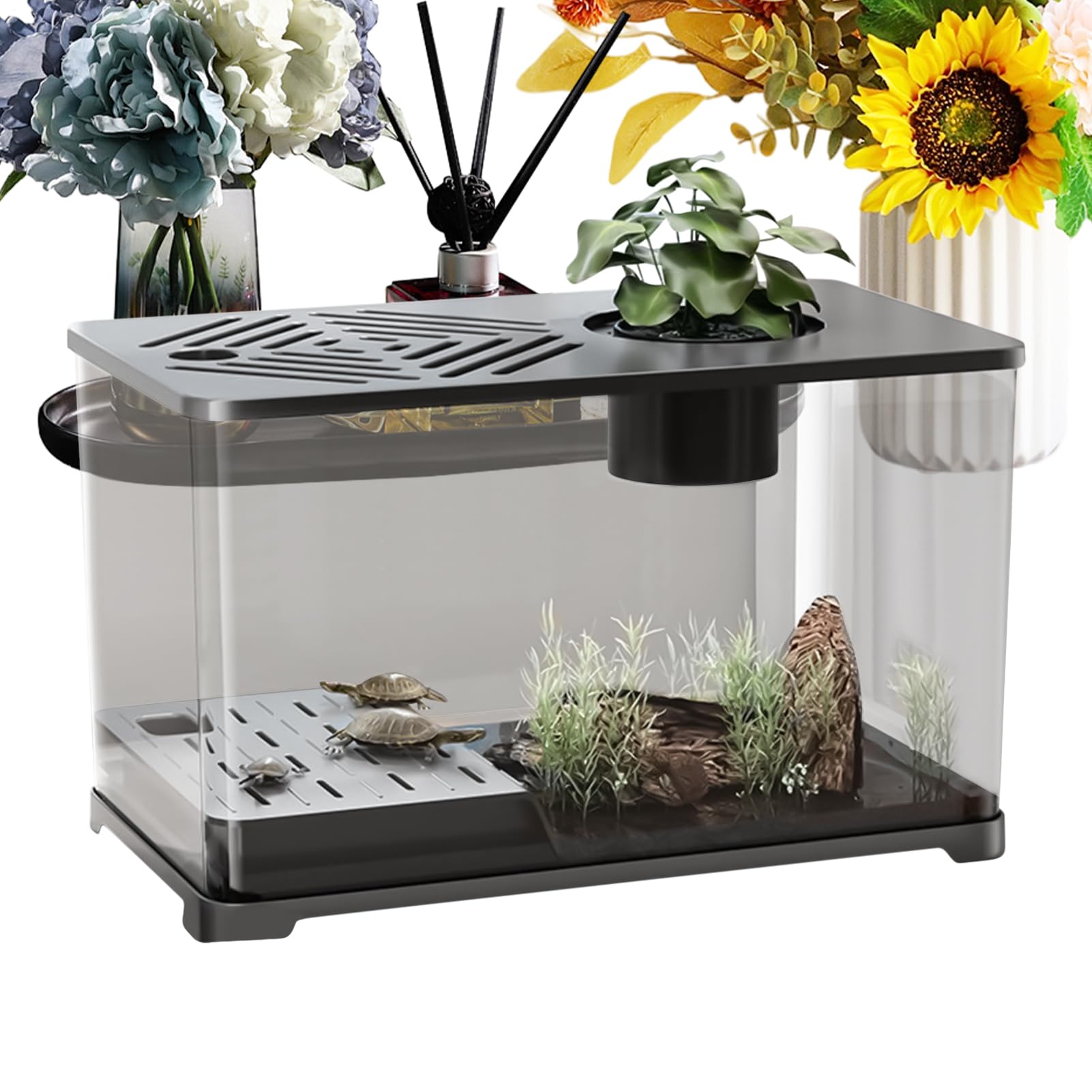 Ssdkpe Aquarium Fish Tank - Large Aquarium Kit Desk Fish Tank,Modern Container with Turtle Resting Area, Home Decorations for Betta Shrimp Aquatic Planting Desktop Accessories
