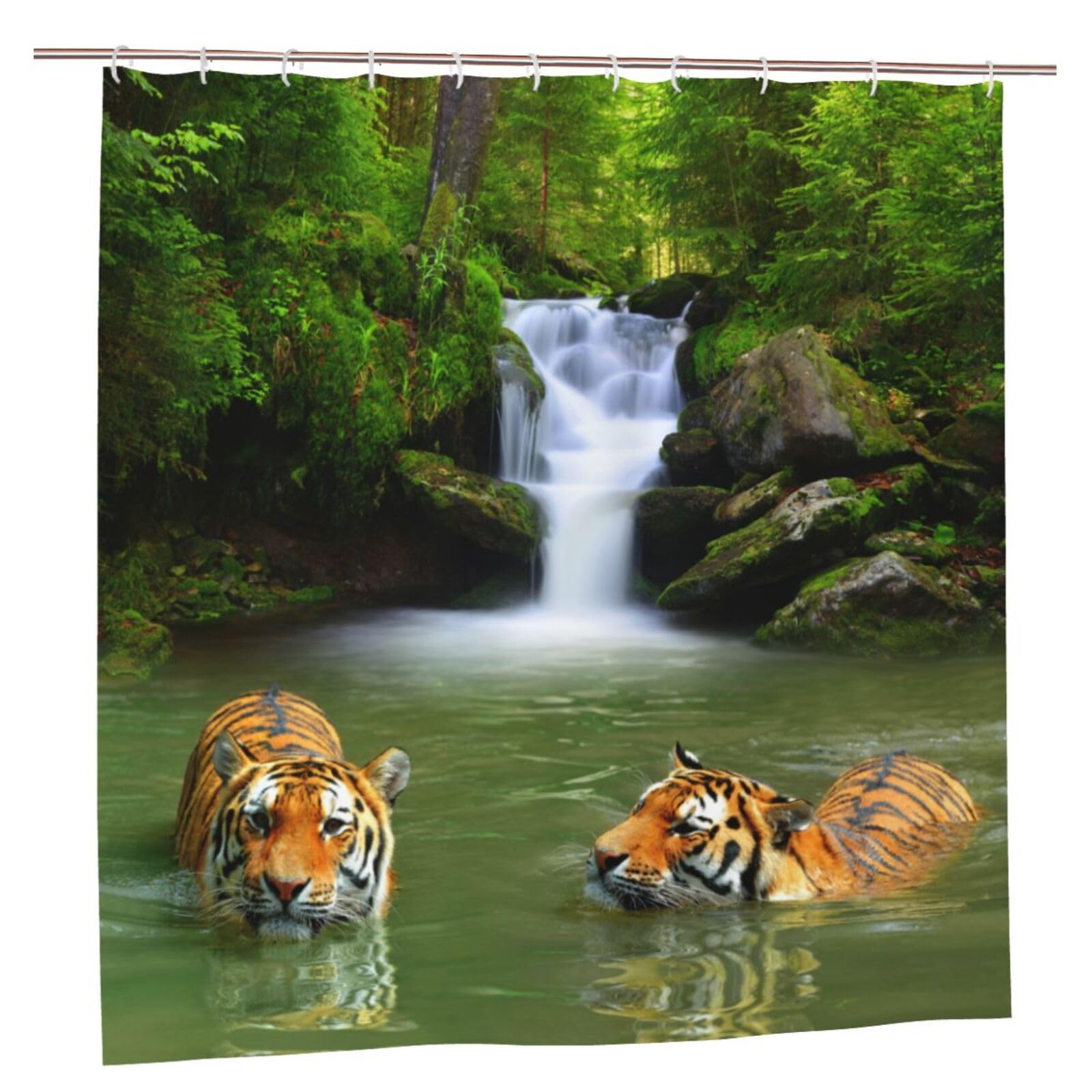 YUAOEUR 3D Garden Shower Curtain 71X71 Inch Tropical Waterfall Tigers Lake Jungle Forest Picture Outdoor Garden Green Trees Bathroom Personalized Decor Fabric with Hook