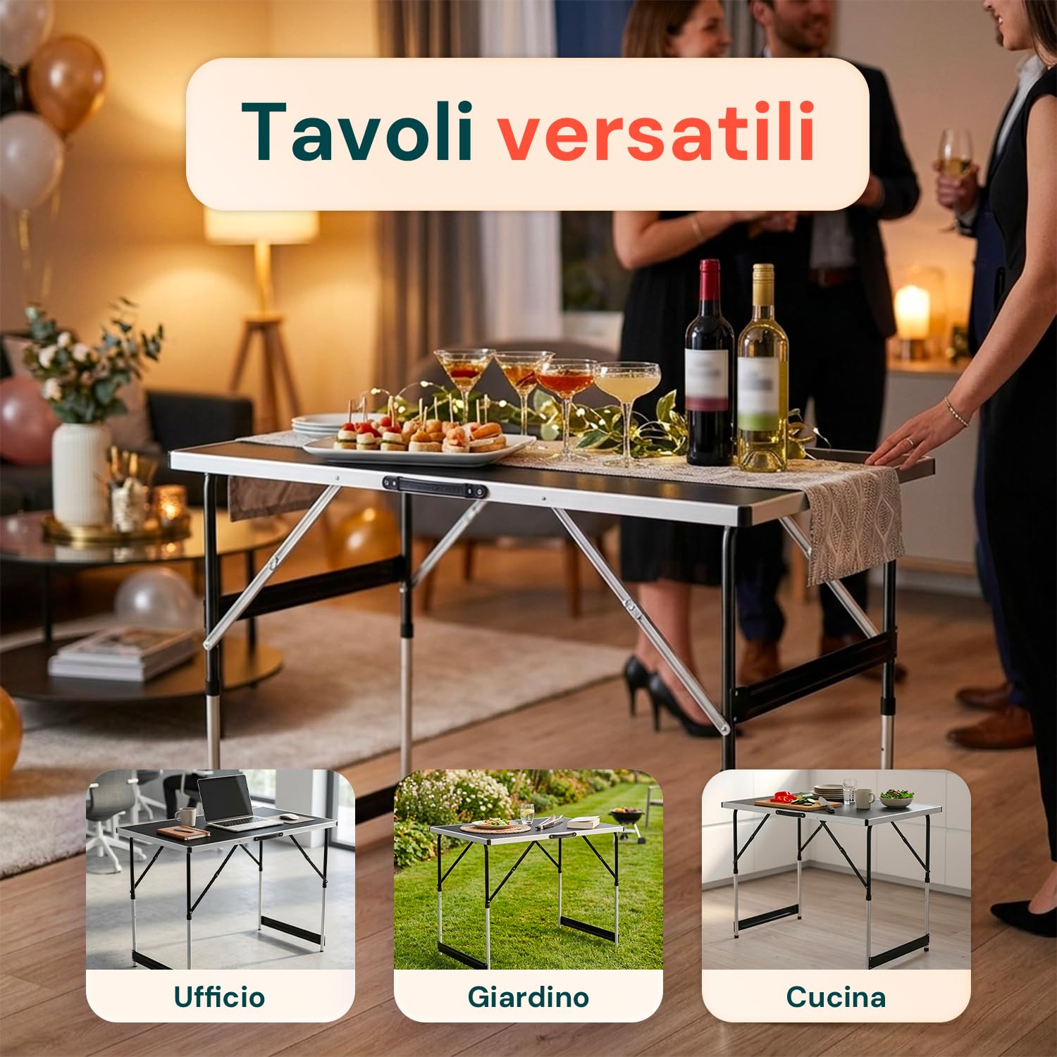 Tavolo Pieghevole Set da 3 con 4 Altezze Regolabili, Struttura in Alluminio e Piano in MDF, per Campeggio, Giardino ed Eventi, Leggero, Salvaspazio e Facile da Trasportare