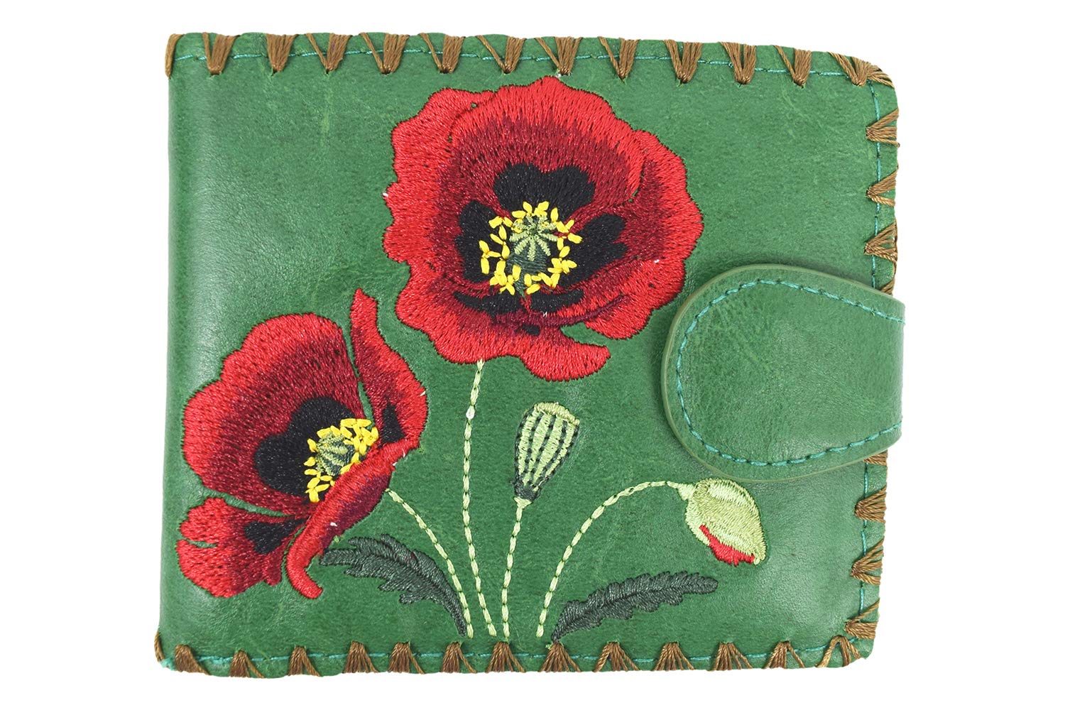 lavishyRed Poppy Flower Embroidered Medium Bi-Fold wallet with gift box (GREEN)