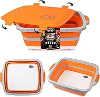 CK GOLD XL Collapsible BBQ Prep Tub with Locking Lid, Cutting Board & Drain Hole - BPA-Free 16L for Grilling, Camping (Orange)