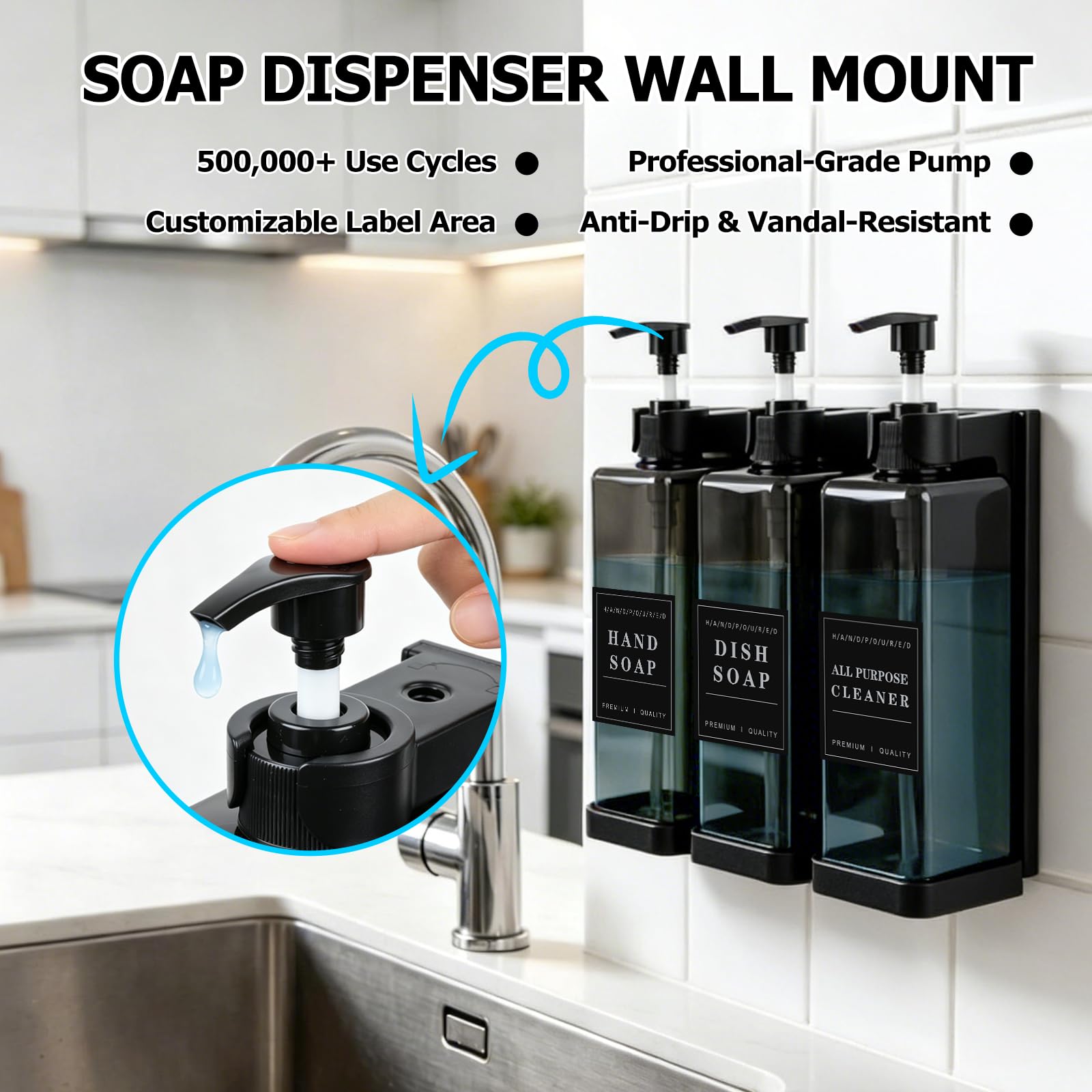 Dispenser Sapone da Muro Senza Forare, 3x500ML Dispenser Sapone Bagno | Dispenser Sapone Doccia, Dispenser Shampoo e Bagnoschiuma, Moderno Dispenser di Liquido Per Bagno Cucina Hotel