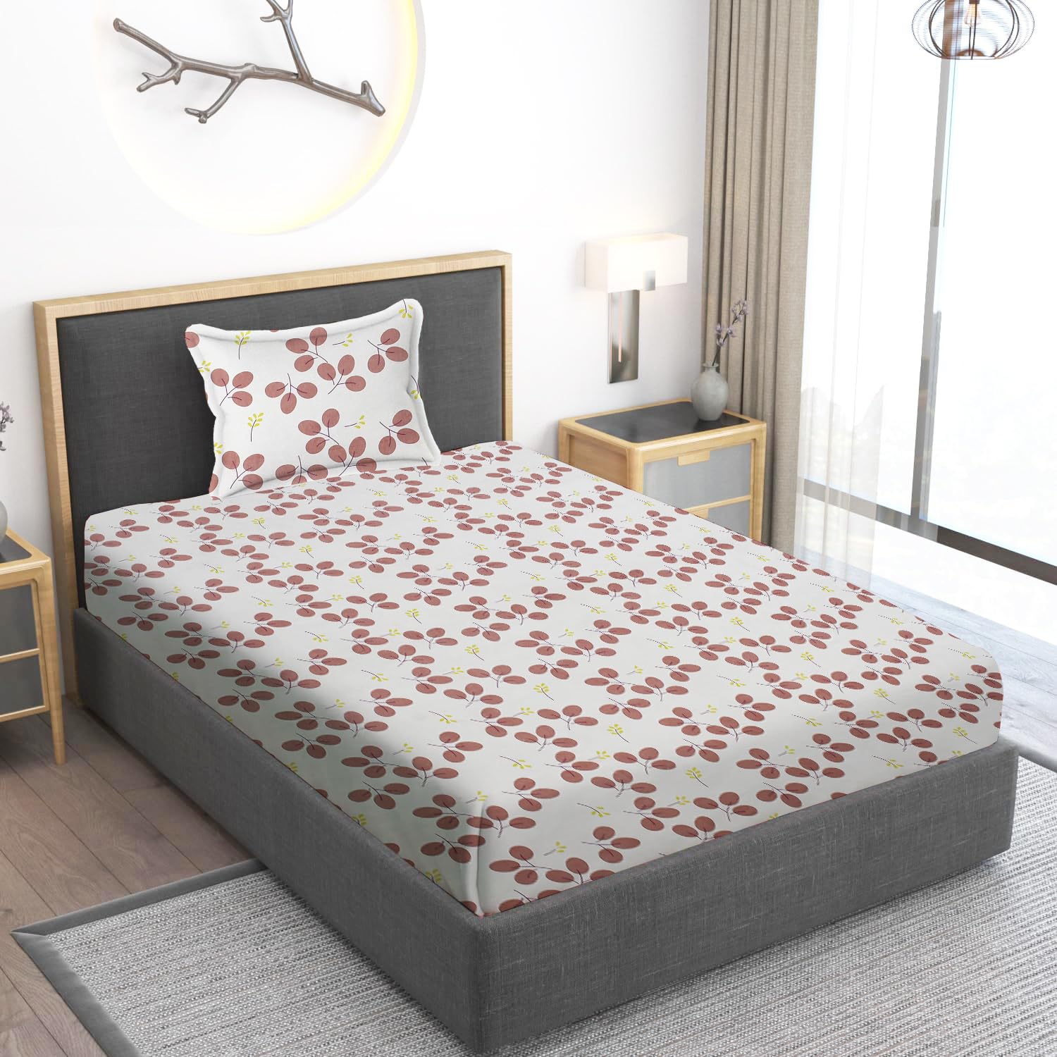 Home Stylish 280 TC Floral Print Ezyption Cotton 1 Single Bedsheet with 1 Pillow Cover Maroon White