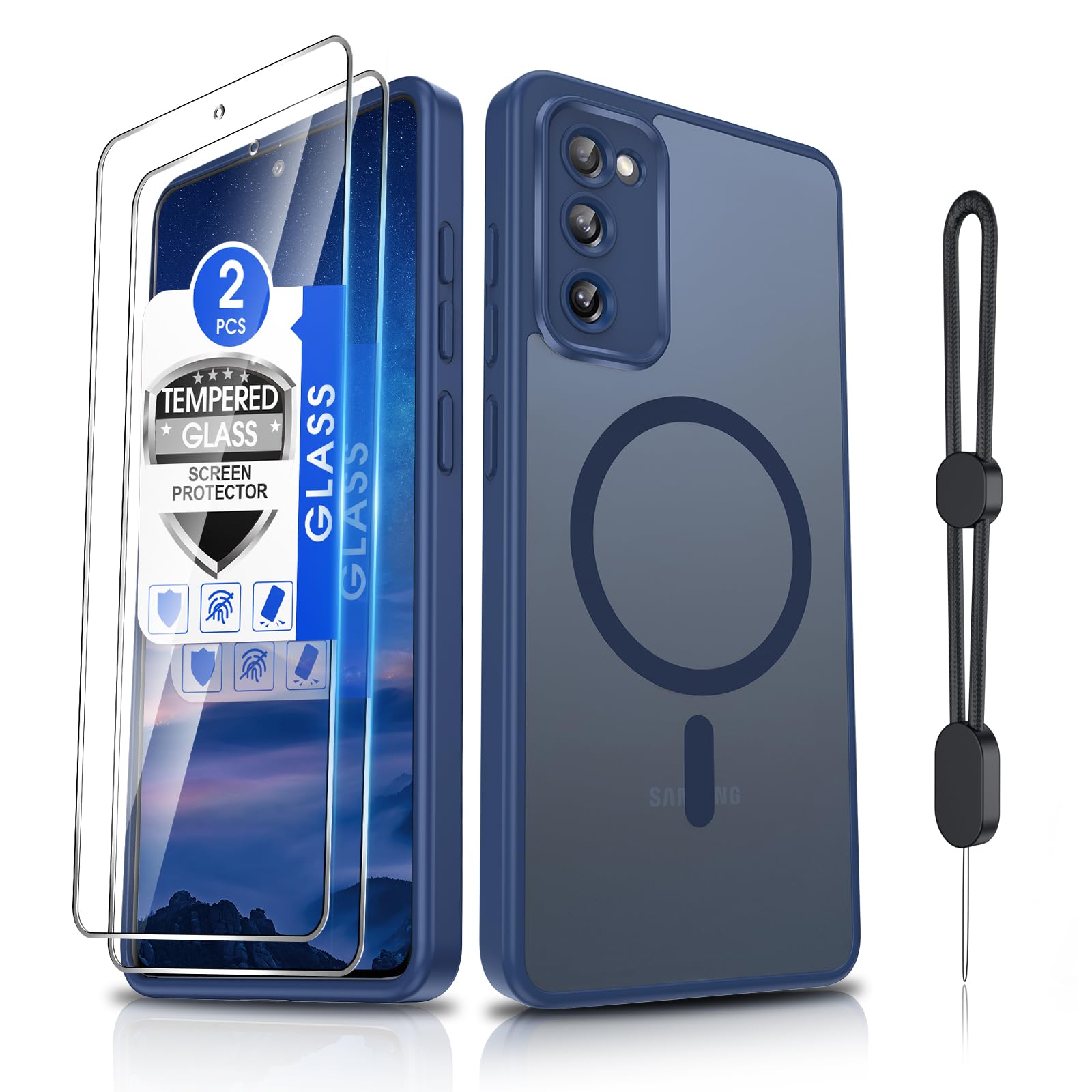 Dizn for Samsung Galaxy S20 FE Case,[Not Fit S20],with Tempered Glass Screen Protector,[Compatible with MagSafe], with Strap, Magnetic &amp; Military Grade Shockproof Protective,for S20FE, Sapphire Blue