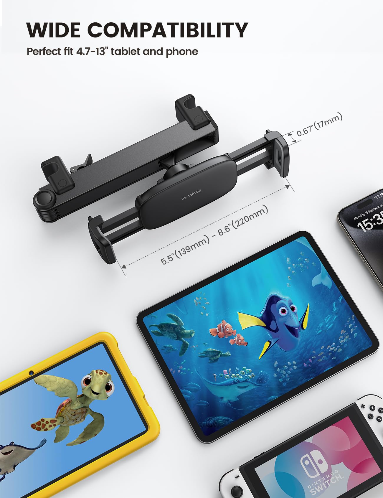 Lamicall Support Tablette Voiture pour Appuie-tête - [Verrouillable] [2026 Bras Extensible Biaxial] 360° Rotation, Support pour iPad Pro, Air, Mini, Switch, Autre 4,7 à 13" Téléphones et Tablette