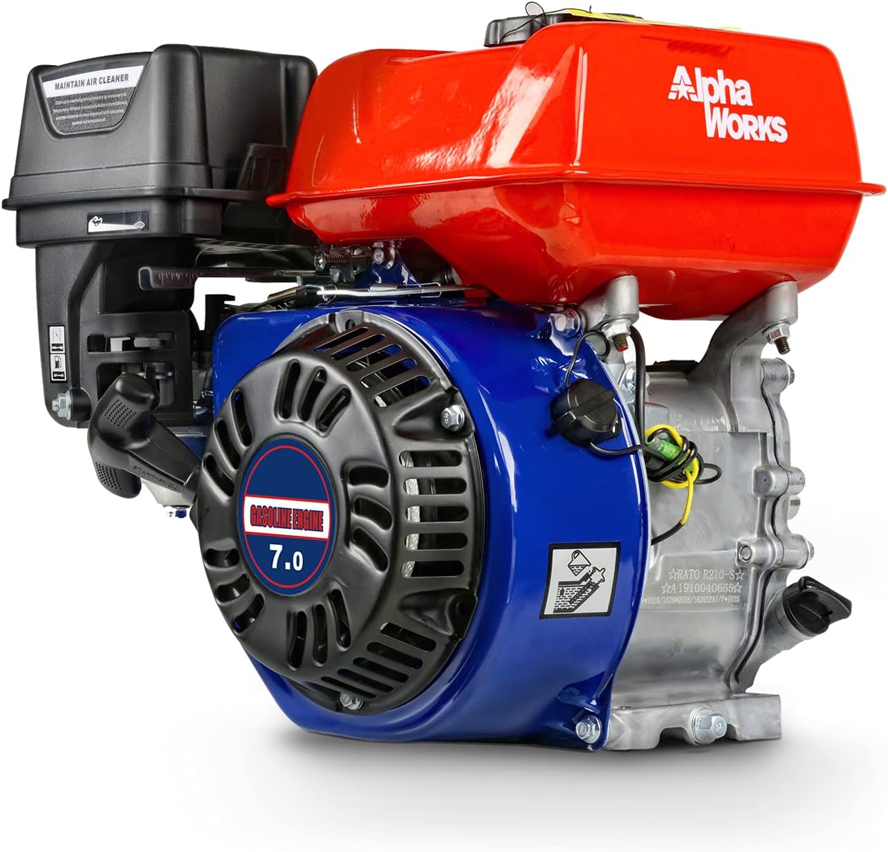 AlphaWorks Gas Engine 7HP Motor Horizontal 4 Stroke OHV Recoil Start 3600RPM 8.85Ft-Lbs/12Nm Torque 3/4" x2.43” Shaft 3/16" Keyway 5/16”-24 UNF End Tapped Go Kart Log Splitter EPA/CARB Certified