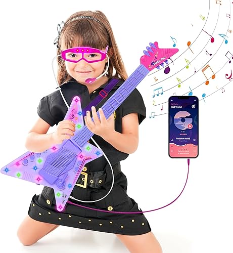Milk Frog Juguetes de guitarra para niñas, juego de guitarra y micrófono con gafas, máquina de karaoke con música y luz, instrumentos musicales,