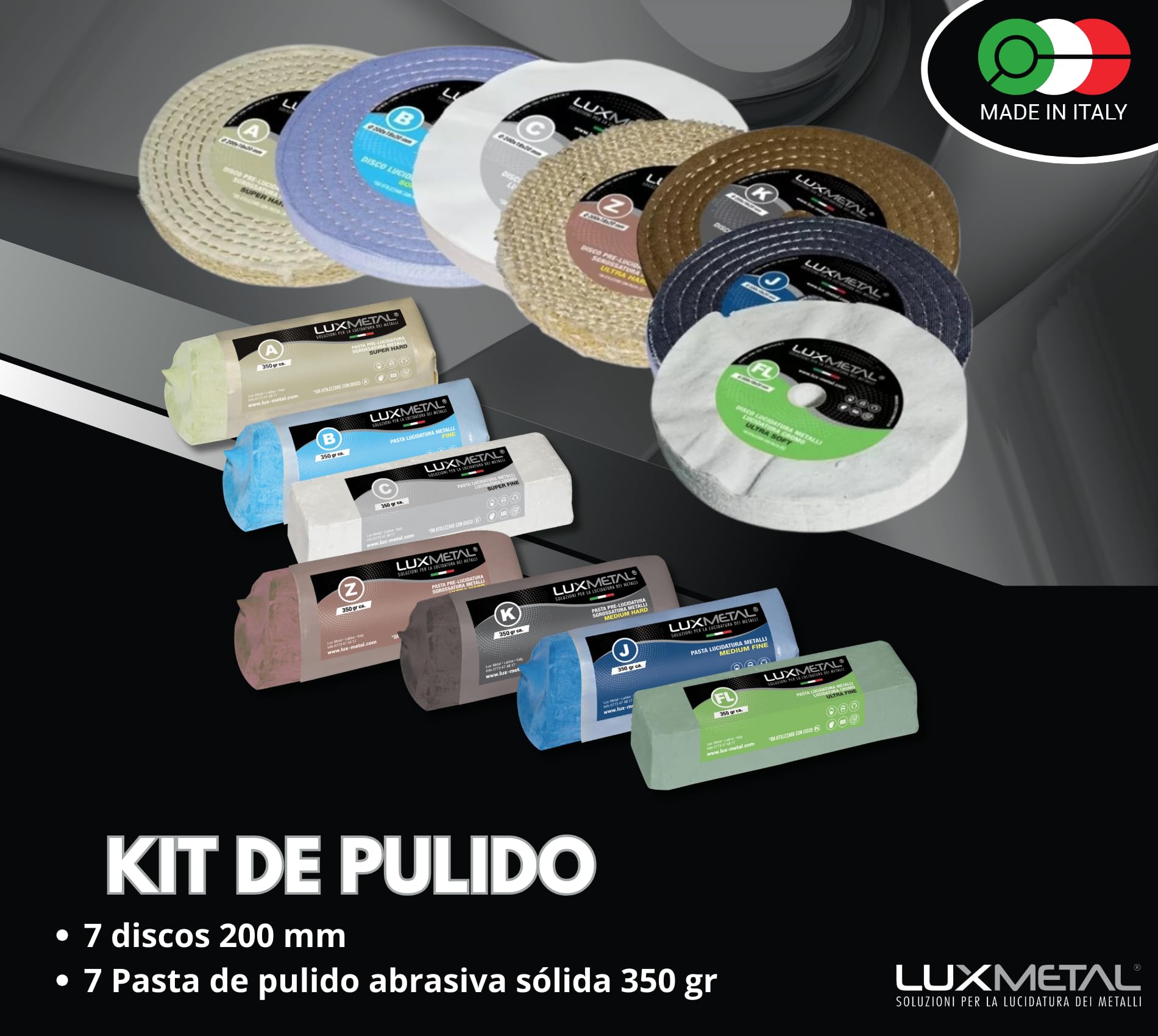 Kit con 7 discos pulidores de 200 mm y 7 pastas abrasiva pulidoras de 350 gr Para aluminio, hierro, acero inoxidable, bronce mármol Rueda de pulido para metales muela esmeriladora fieltro.