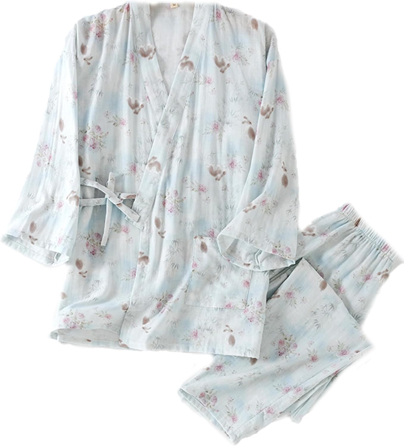 Womens Floral Cotton Pajama Set – Soft Sleepwear with Kimono Wrap Top & Elastic Waist Pants