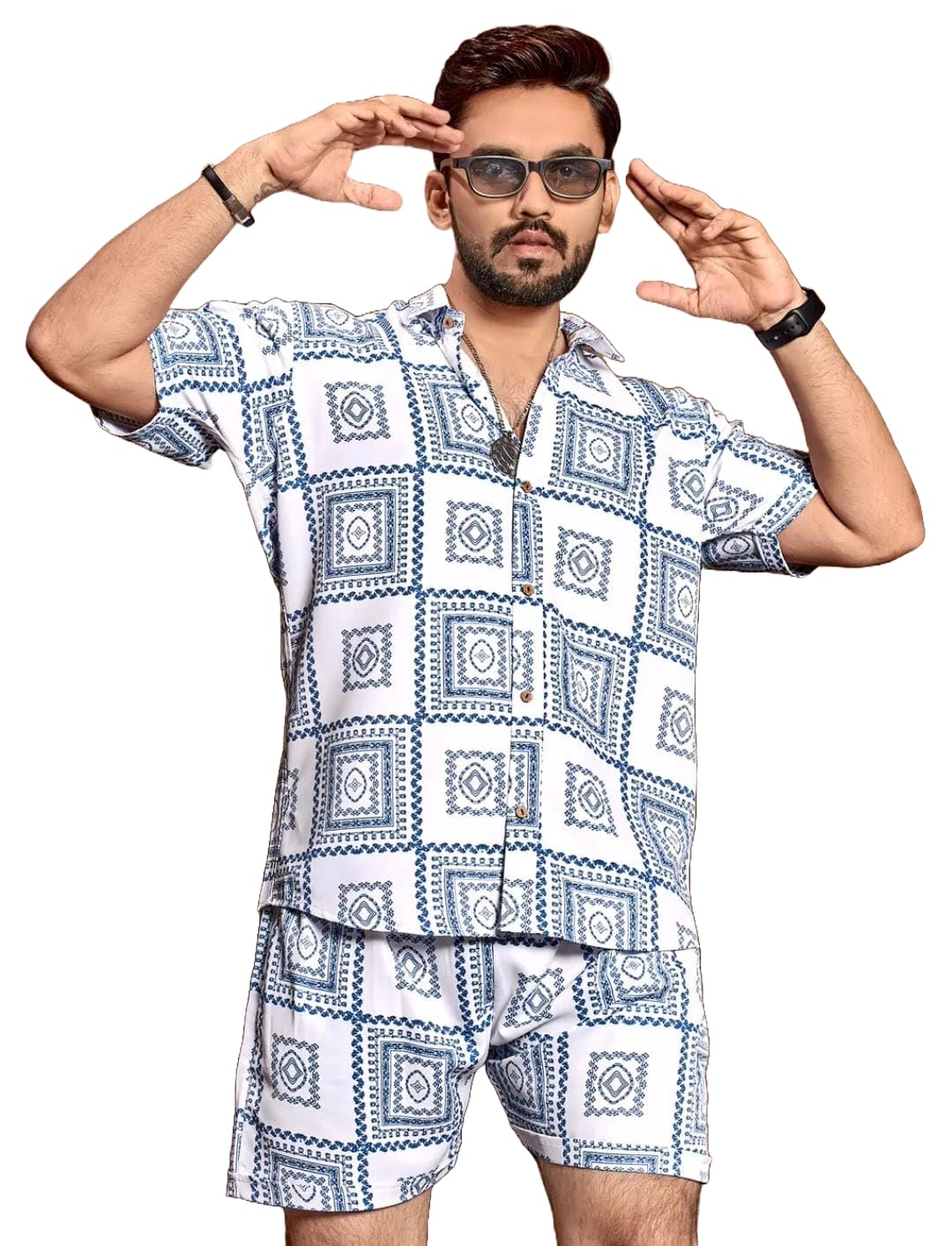 Men’s Printed Co-Ord Set | Plus Size Casual Shirt & Shorts Set | Nightwear Pajama Suit, Loungewear, Beachwear & Vacation Outfit Design No NS Square White-picture-40