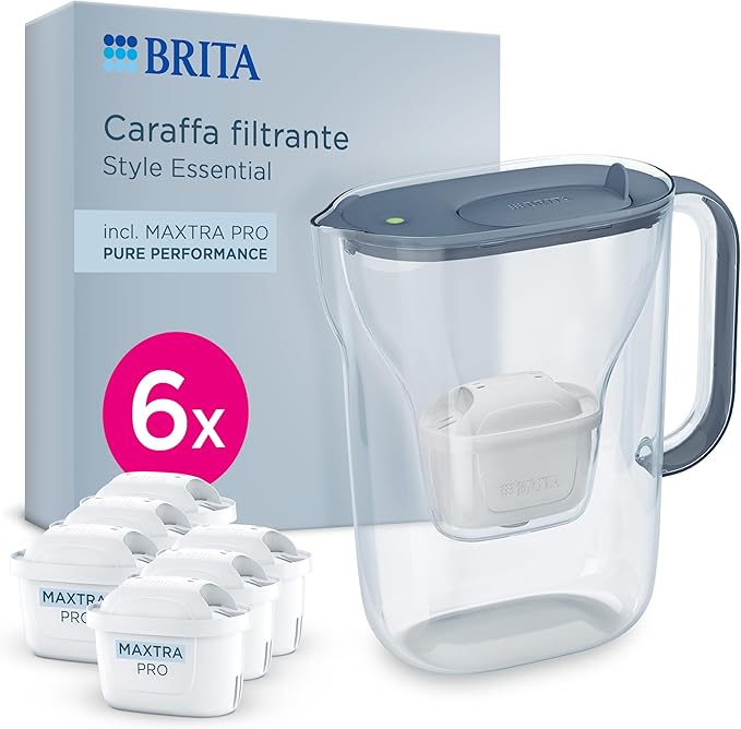 BRITA jarra filtrante Style Essential Azul (2.4L) incl. 6x MAXTRA PRO PURE PERFORMANCE | compatible con la puerta del frigorífico, con indicador LED, filtra impurezas, metales y mucho más