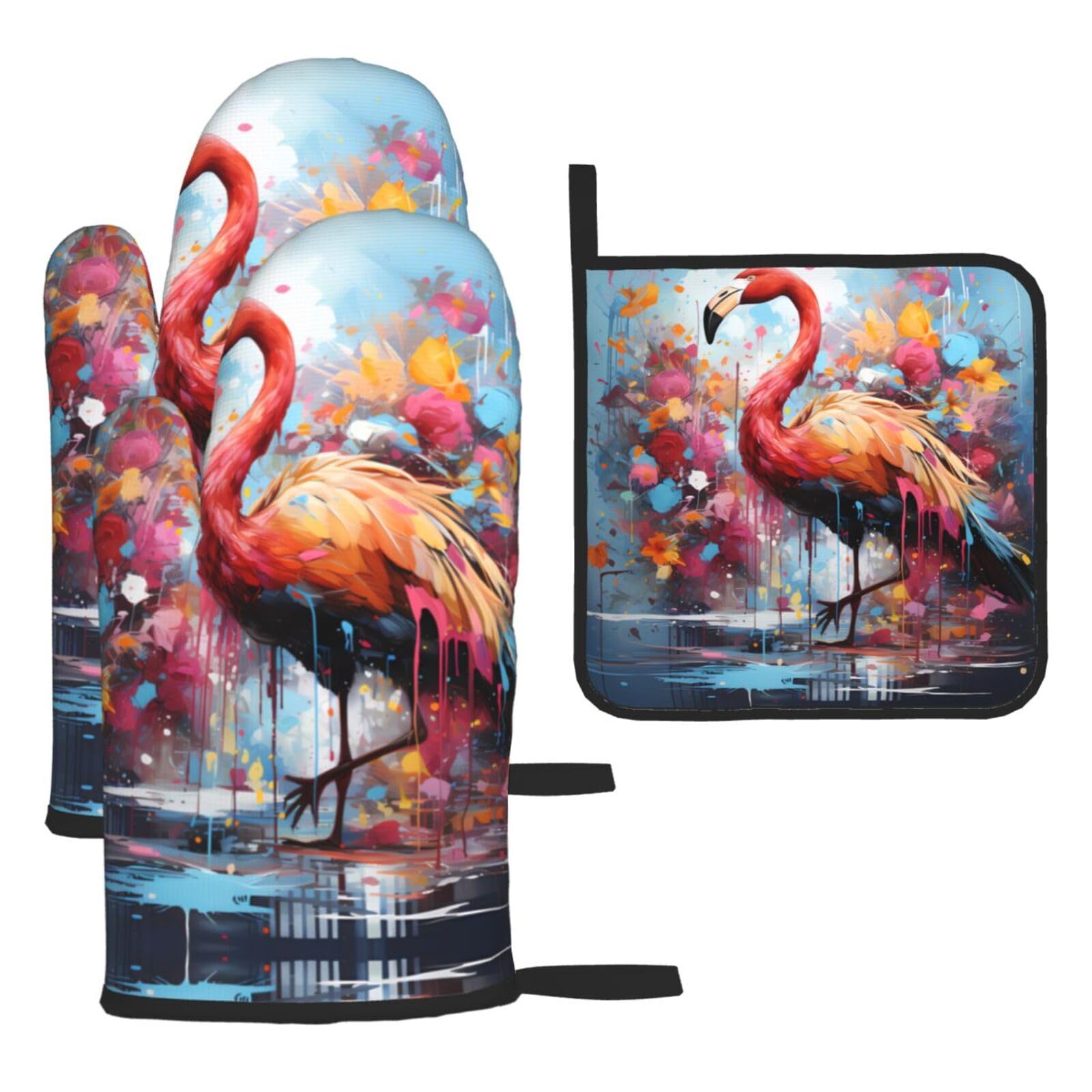 Colorful Flamingos Oven mittens and oven mitts three-piece set suitable for oven, grilling, baking, microwave and home cooking.