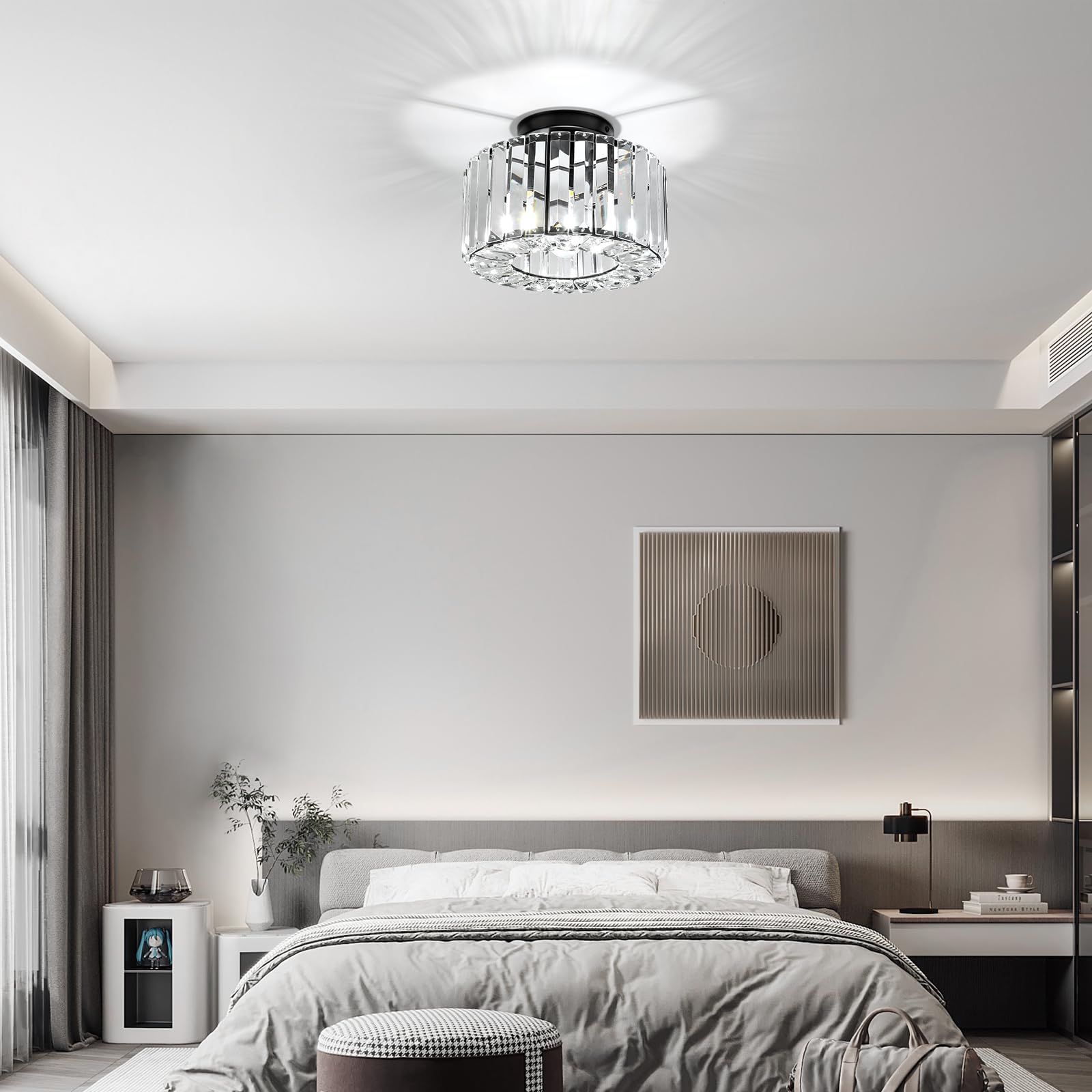 Kristall Deckenleuchte Ø245mm, Kronleuchter Schwarz mit Metall Rahmen Lampenschirm, Sockel E27 Deckenlampe, Moderne Lampe für Schlafzimmer Wohnzimmer Flur Küche Esszimmer