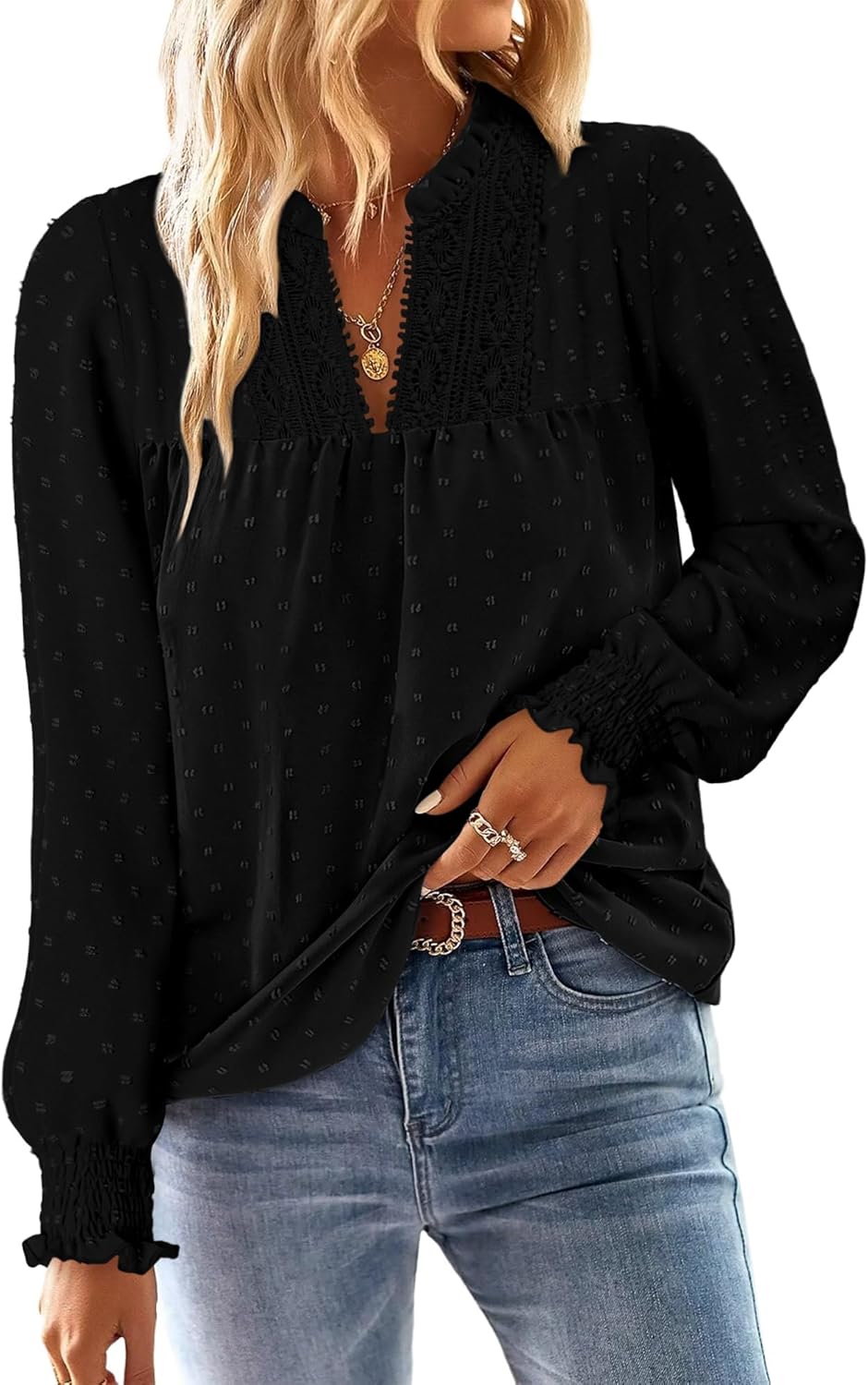 BETTE BOUTIK Women Boho Long Sleeve Shirts Dressy Casual V Neck Fall Fashion Tops Swiss Dot Flowy Blouses