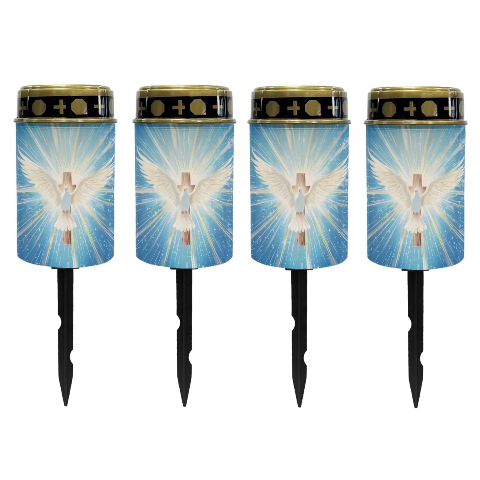 Poceacles Cross Solar Lights Outdoor Waterproof Grave Solar Lights for Cemetery LED Flameless Candle Cemetery Solar Candle Lights Pillar Candles Outdoor Decor, Dove of Peace Cross Blue, Pack of 4