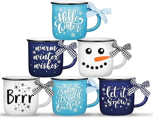 Hello Winter - Juego de 6 tazas de café con diseño de muñeco de nieve Let It Snow con forma de copo de nieve, bandeja escalonada, decoración para