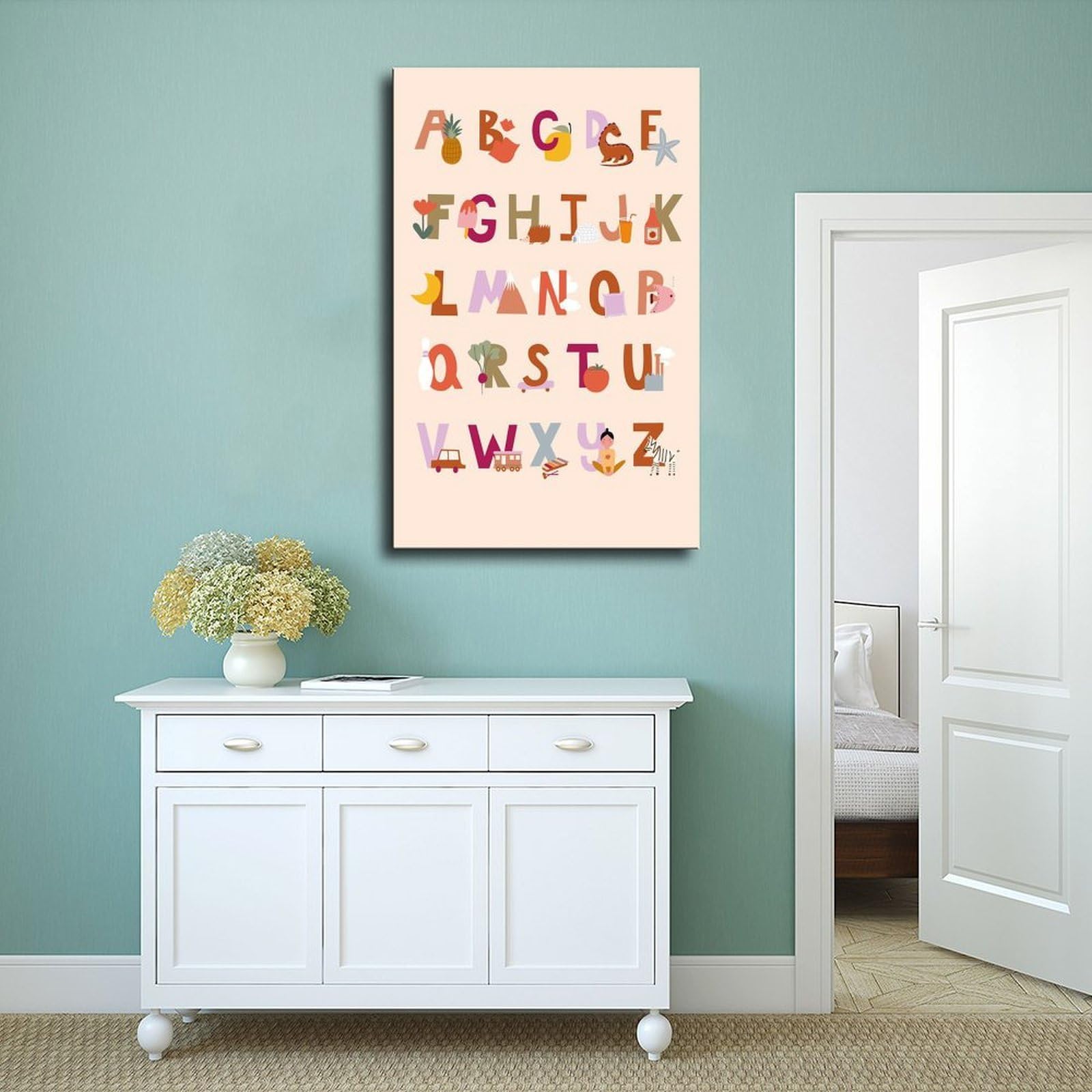Poster sur toile avec thèmes éducatifs de l'alphabet de A à Z (2) - Décoration murale pour salon, chambre à coucher - 60 x 90 cm