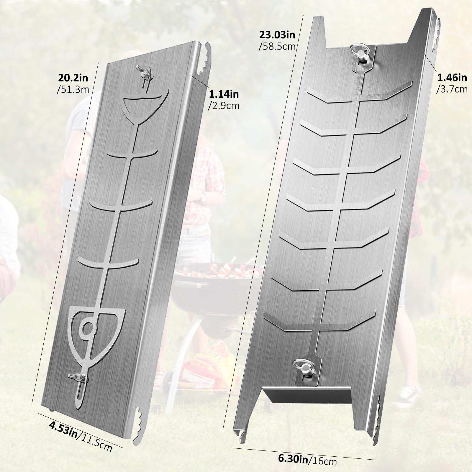 Set de 2 Tablas para Salmón a la Llama de Acero Inoxidable – 59×16×3,7 cm y 52×11,5×3 cm – Soporte BBQ Ajustable para Pescado, Carne y Verduras – Antióxido, Resistente al Calor y Reutilizable
