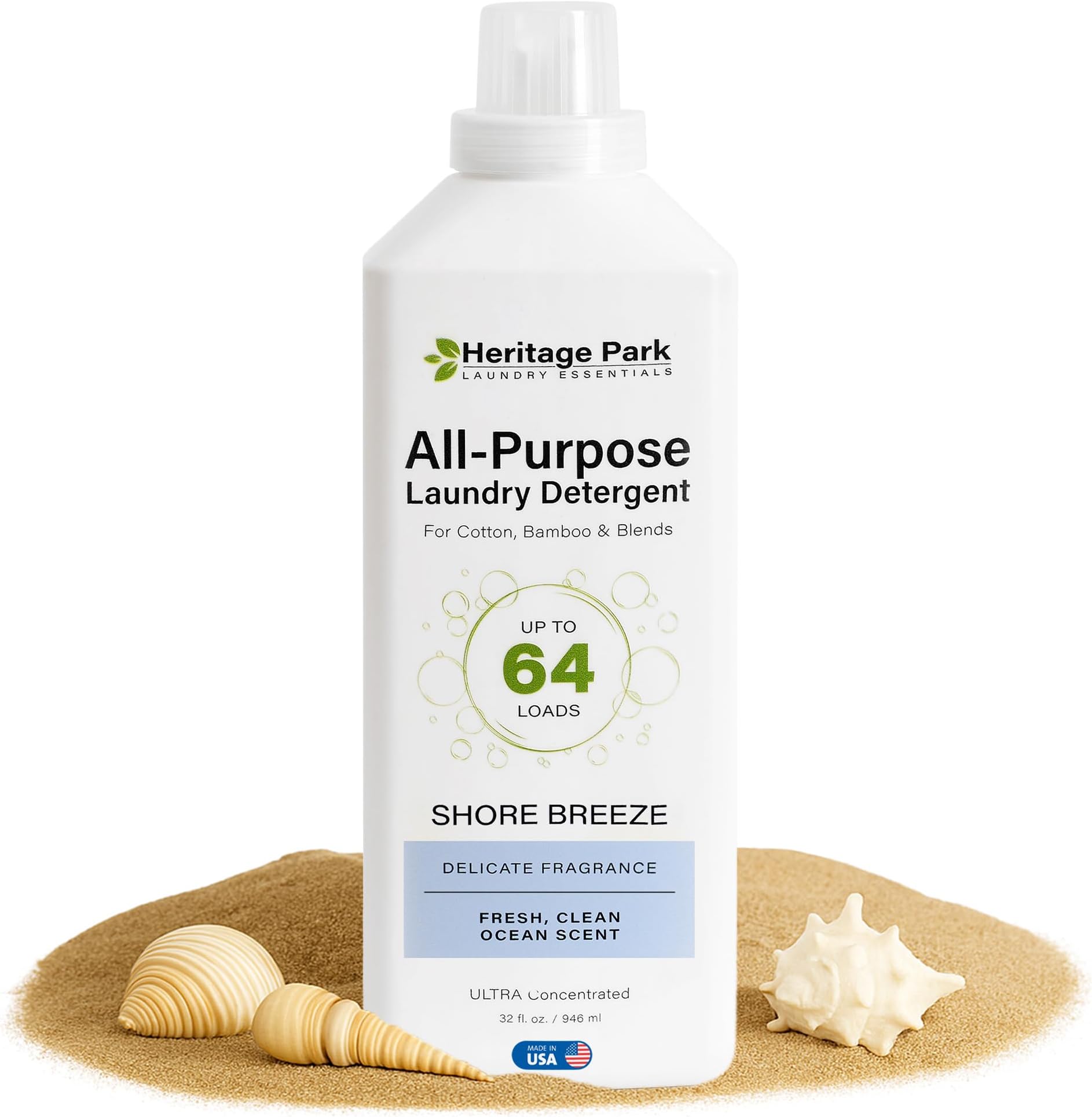 Heritage Park All-Purpose Shore Breeze, Lightly Scented, pH-Neutral Laundry Detergent - Stain-Fighting Enzymes, Ultra Concentrated Up to 64 loads (32 fl oz)