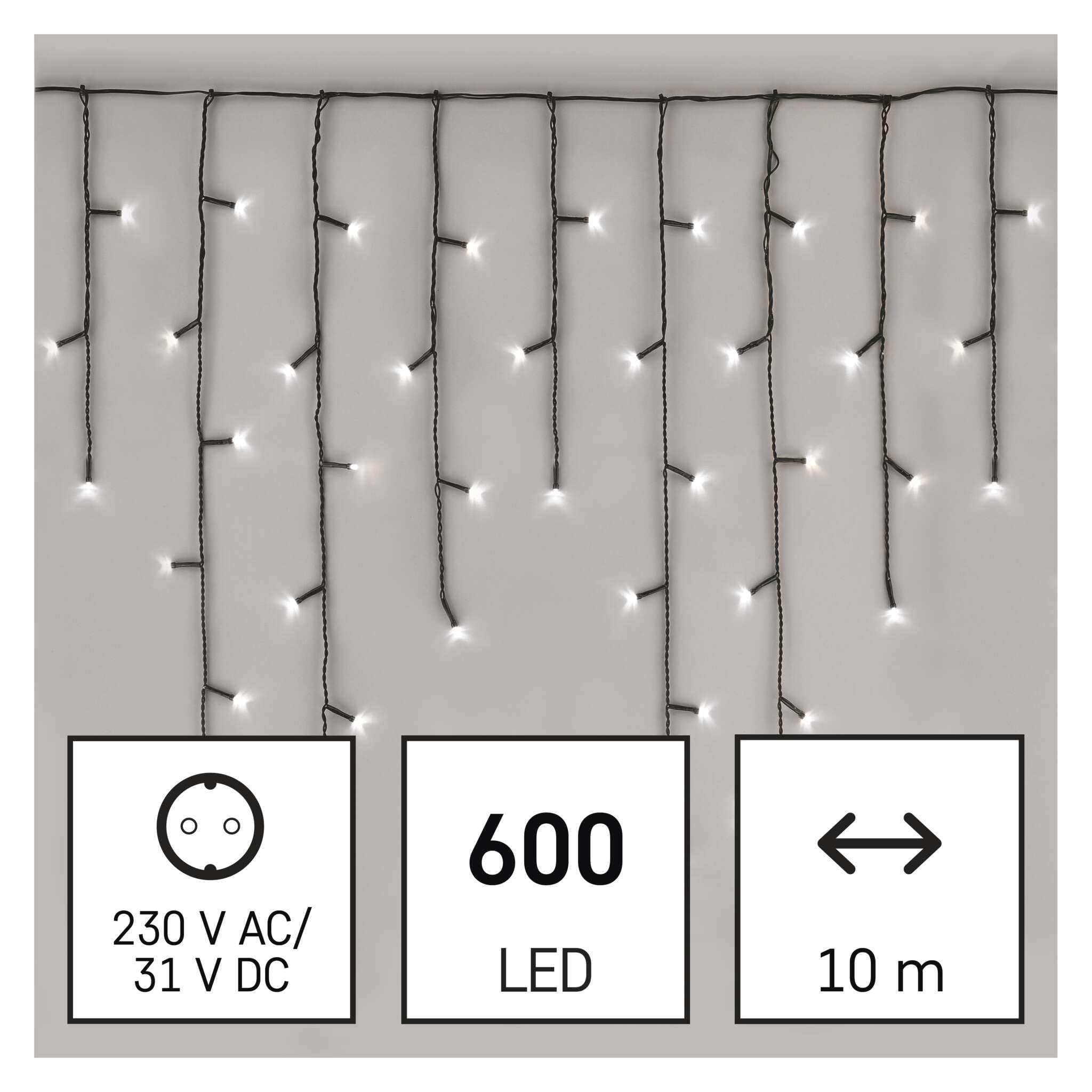 EMOS LED-Eisregen Lichterkette, 10m Weihnachtslichterkette + 5m Zuleitung, 600 LEDs, 8 Lichtmodi, Netzteil mit Timer 6h/18h, IP44 für Innen und Außen, Kaltweiß