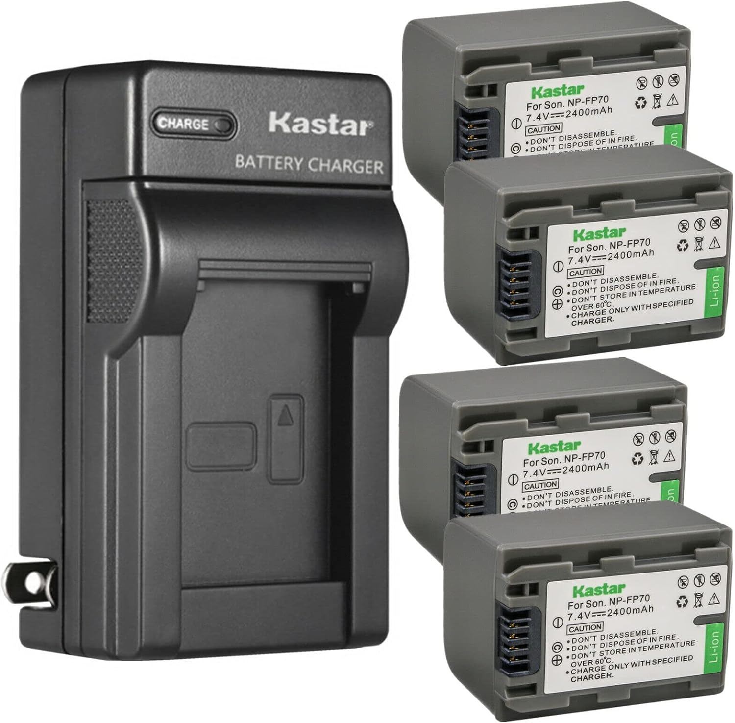 Kastar 4-Pack NP-FP70 / FP71 Battery and AC Wall Charger Replacement for Sony NP-FP50 NP-FP51, NP-FP60, NP-FP70 NP-FP71, NP-FP90 NP-FP91 Battery, Sony BC-TRP/TRH/TRV, BC-VH1, AC-VQH10 Charger