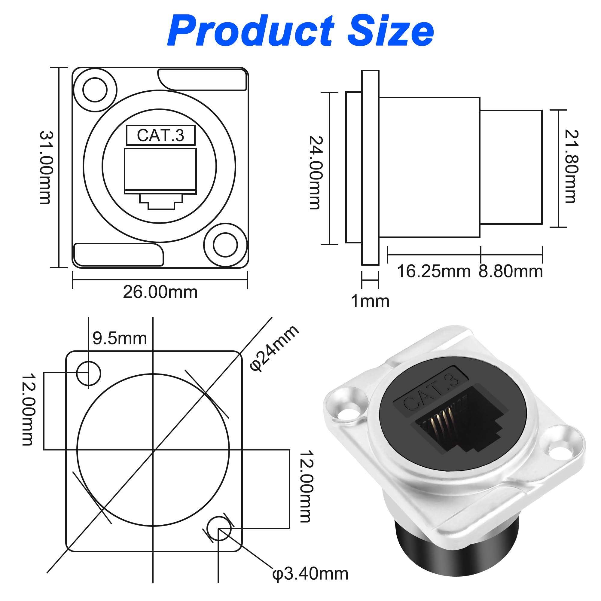 XMSJSIY Lot de 2 adaptateurs de panneau de type D RJ11 CAT3 femelle vers femelle type D CAT3 6P4C pour téléphone - Adaptateur passe-through - Adaptateur de bureau - Argenté