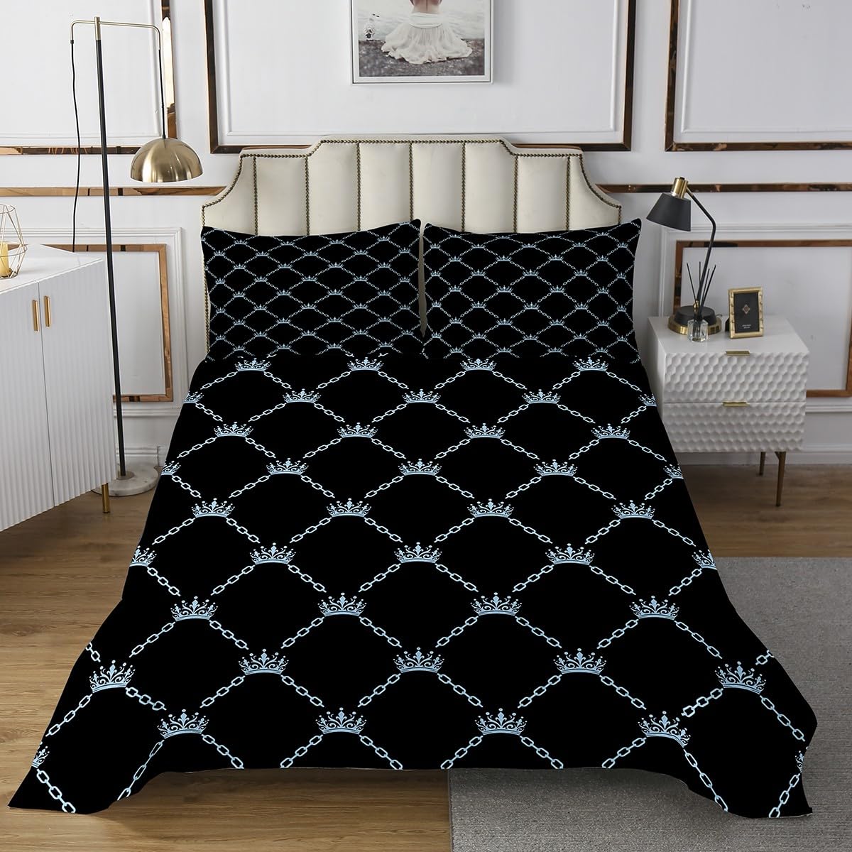 Manfei Blue Crown Kids Bedspread Twin Size,Western Tale Crown Princess Coverlet Set,Girls Boys Room Decor,Geometric Patchwork Fashion Quilted Coverlet,Simple Dreamy Bedding Quilt,1 Pillowcase