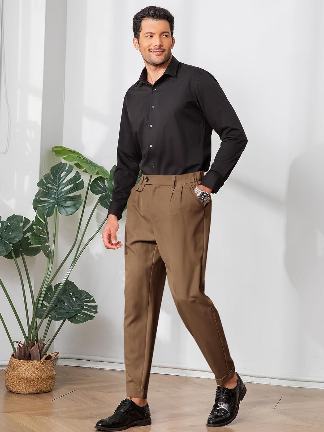 Runcati Mens Slim Fit Dress Pants Pleated Front Skinny Stretch Business Suit Trousers Classic Tapered Work Slacks - Image 4