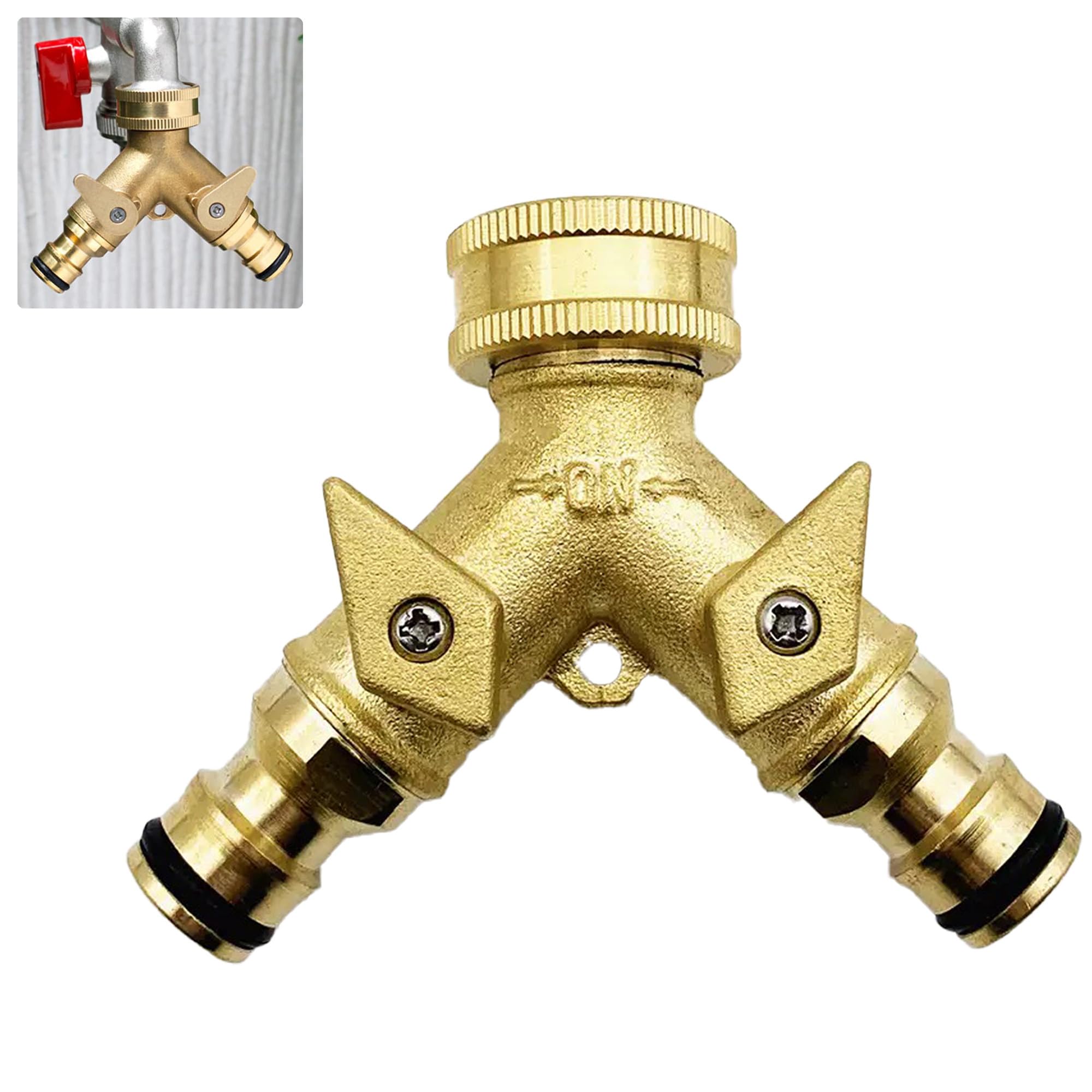 Solid Brass Double Hose Connector for Outdoor Tap and Garden Hoses – Snap On Y Garden Tap Fitting，with Individual On/Off Valves, Yellow