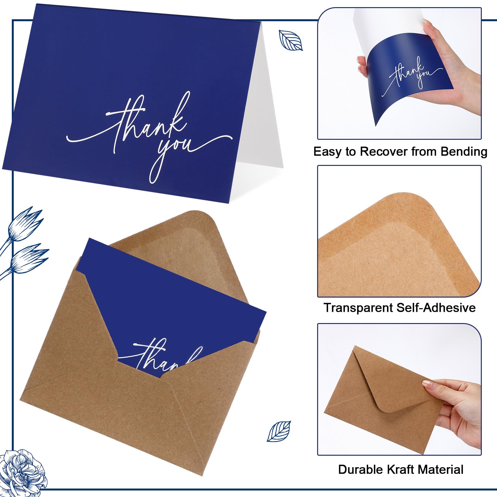 Gueevin Lot de 200 cartes de remerciement vierges avec enveloppes en kraft et autocollants - 8,9 x 12,7 cm - Cartes de remerciement élégantes - Pour mariage, affaires, remise de diplôme, bébé, fête