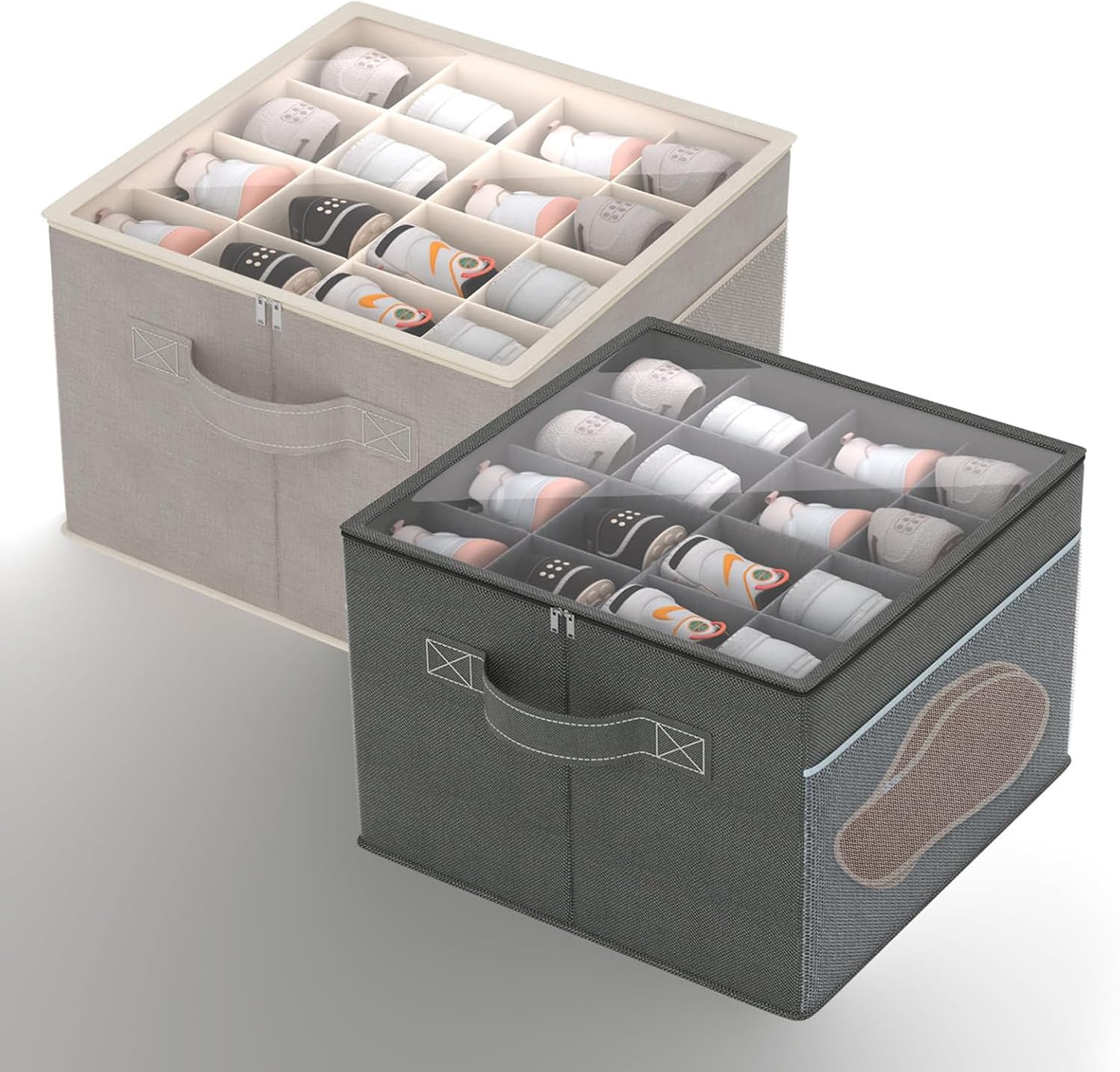 Shoe Organizer for Closet- Fits 16 Pairs, Large Foldable Shoe Storage with Clear Cover, Beige Adjustable Dividers Shoe Containers with Mesh Pockets and Pull Handles (Grey+Beige)