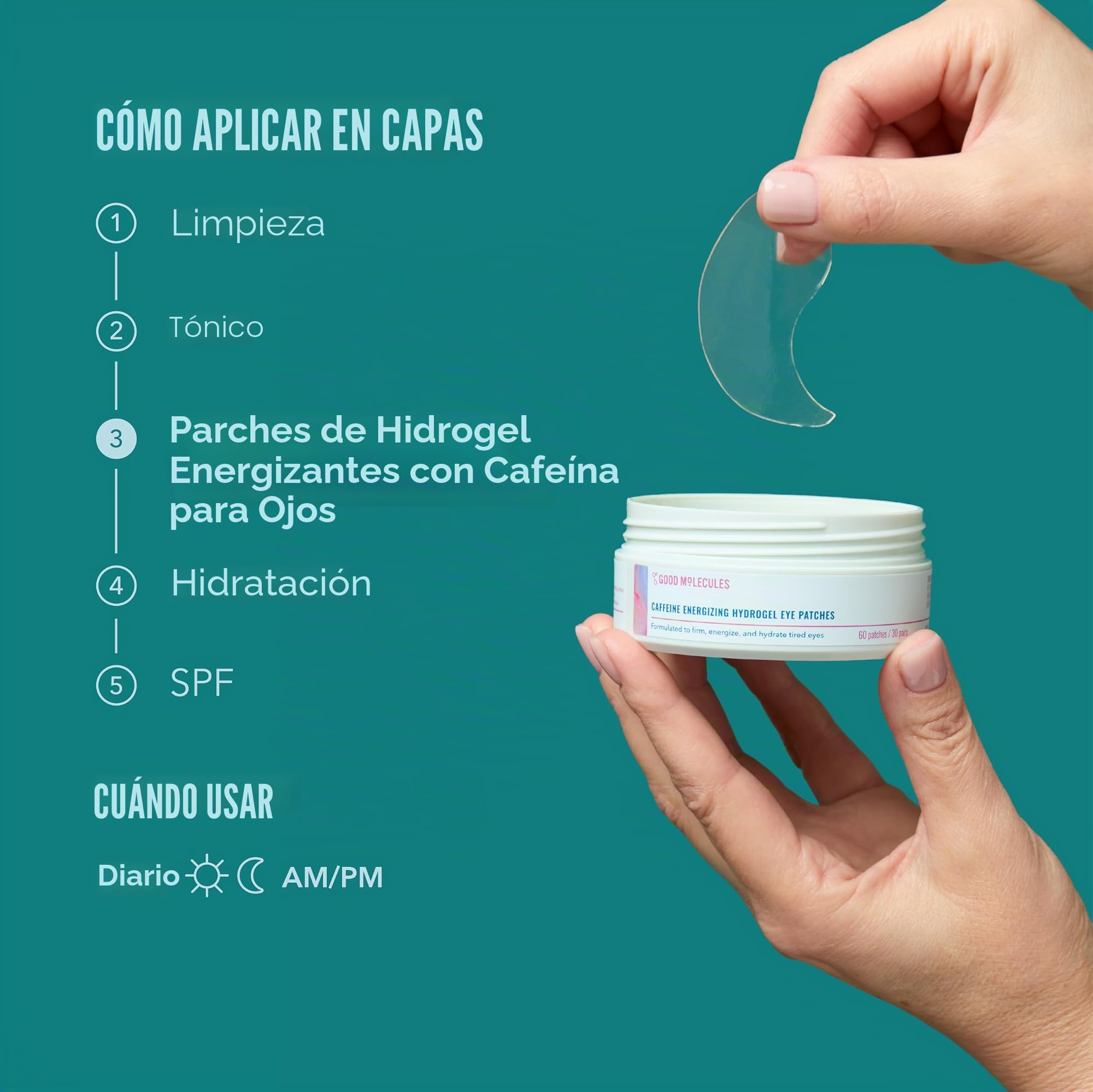 Good Molecules Parches de ojos de hidrogel energizante con cafeína, máscara de ojos con ácido hialurónico que hidrata y reduce la hinchazón, paquete de 30, cuidado de la piel para la cara