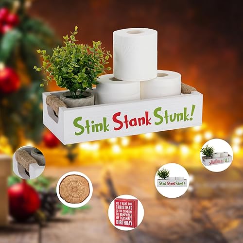 Miniatura 3 de Double-Sided Christmas Funny Bathroom Decor with Double-Sided Sign, Stink Stank Stunk Box, Toilet Paper Storage Basket, White Wood Tank Tray