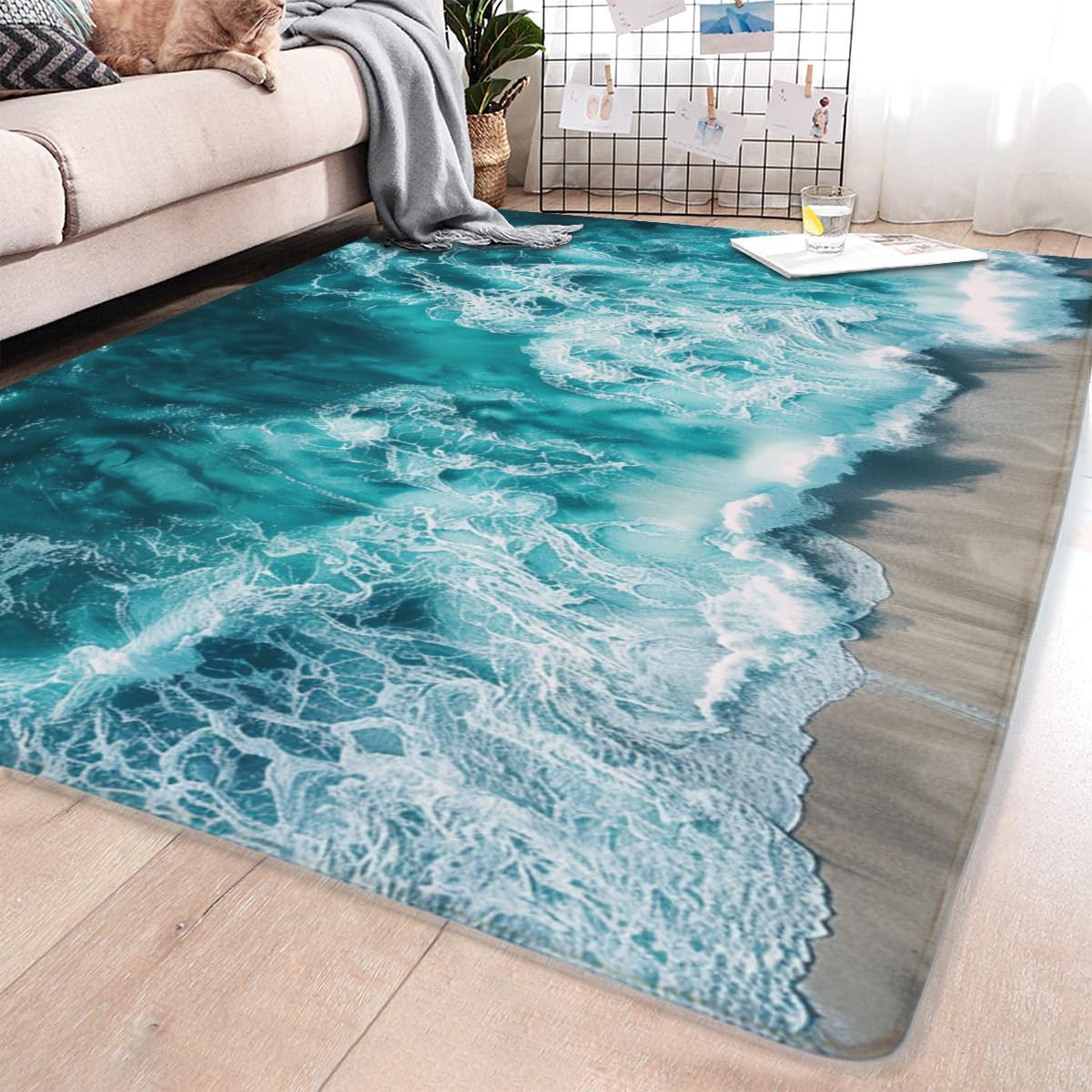 Turquoise Color vast deep Beautiful Nature Waves Hitting The Beach Water Splash Ripples Dynamic Carpet, Flannel Fabric Warm and Comfortable Easy to wash, Bathroom mat 24x36inch