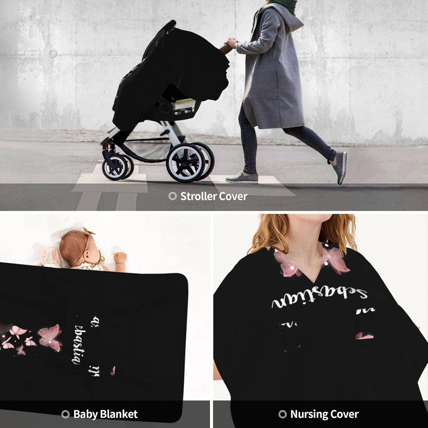 Personalized Baby Car Seat Canopy for Babies with Name, Custom Stroller Car Seat Covers for Girls, Minky Nursing Carseat Cover for Breastfeeding, Car Seat Canopies for Newborn (Butterfly Black)