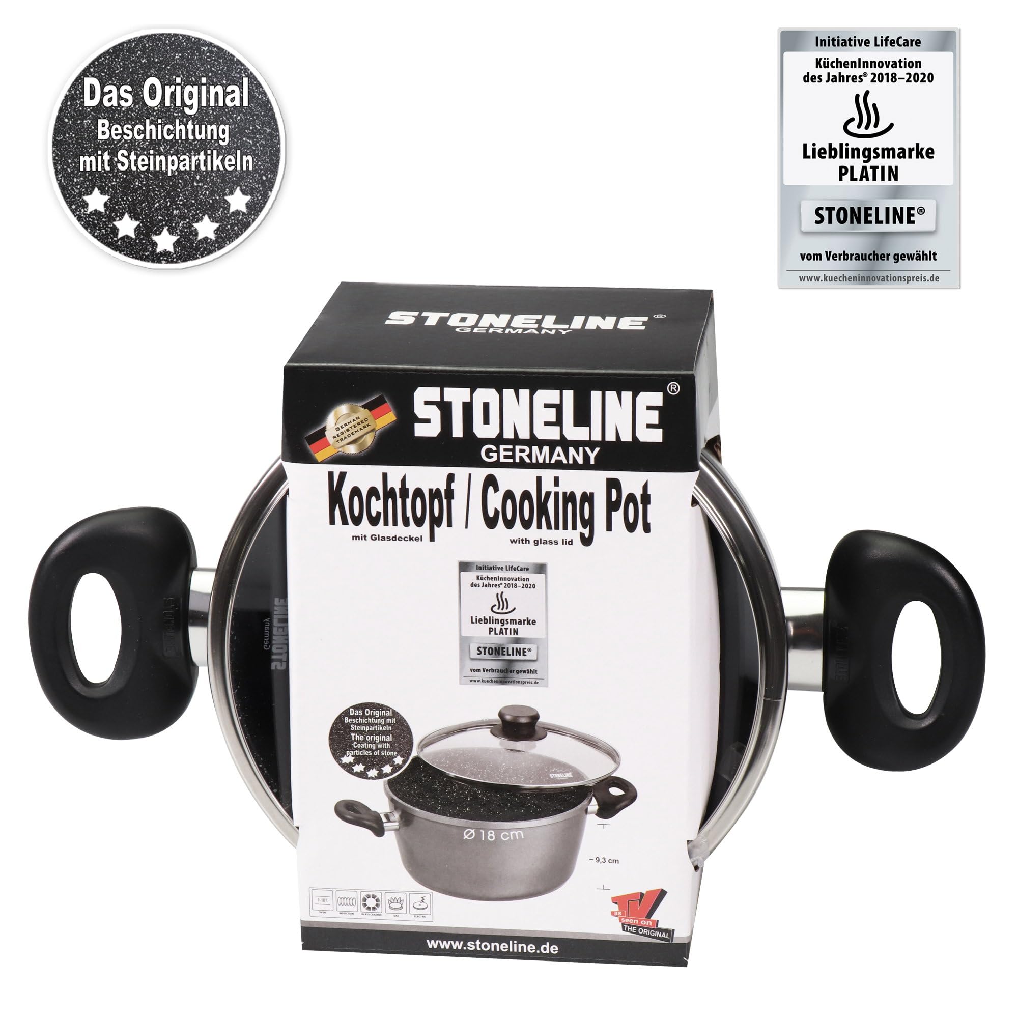 STONELINE Aluguss Kochtopf 18 cm, Kleiner Topf mit Deckel 2 L, Antihaft beschichtet mit echten Steinpartikeln, Kochtopf Induktion 18 cm, für alle Herdarten, Backofen, Kochen ohne Fett oder Öl, Grau