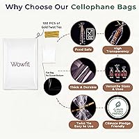 Vista 4 de Wowfit 100 bolsas de celofán plano transparente de 5 x 7 pulgadas con lazos dorados de 4 pulgadas, embalaje de celofán para donas, galletas, dulces