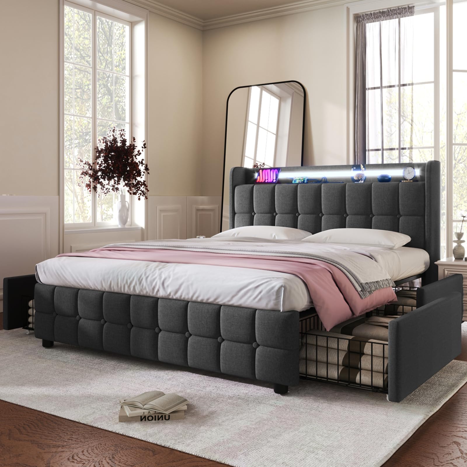 Lit Double Rembourré 160x200 Cm Avec LED, USB Et Tiroirs - Structure Fer - Simili Cuir Blanc/Gris