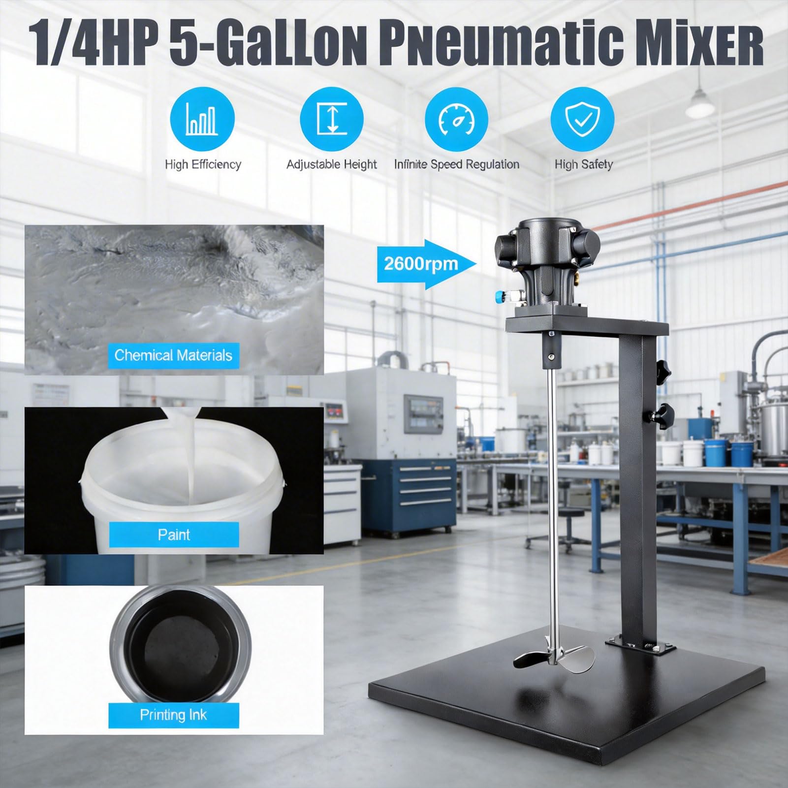Miscelatore pneumatico per vernice, 1/4HP a velocità variabile con altezza regolabile per prodotti chimici, vernici, intonaco e inchiostro, capacità 20 litri