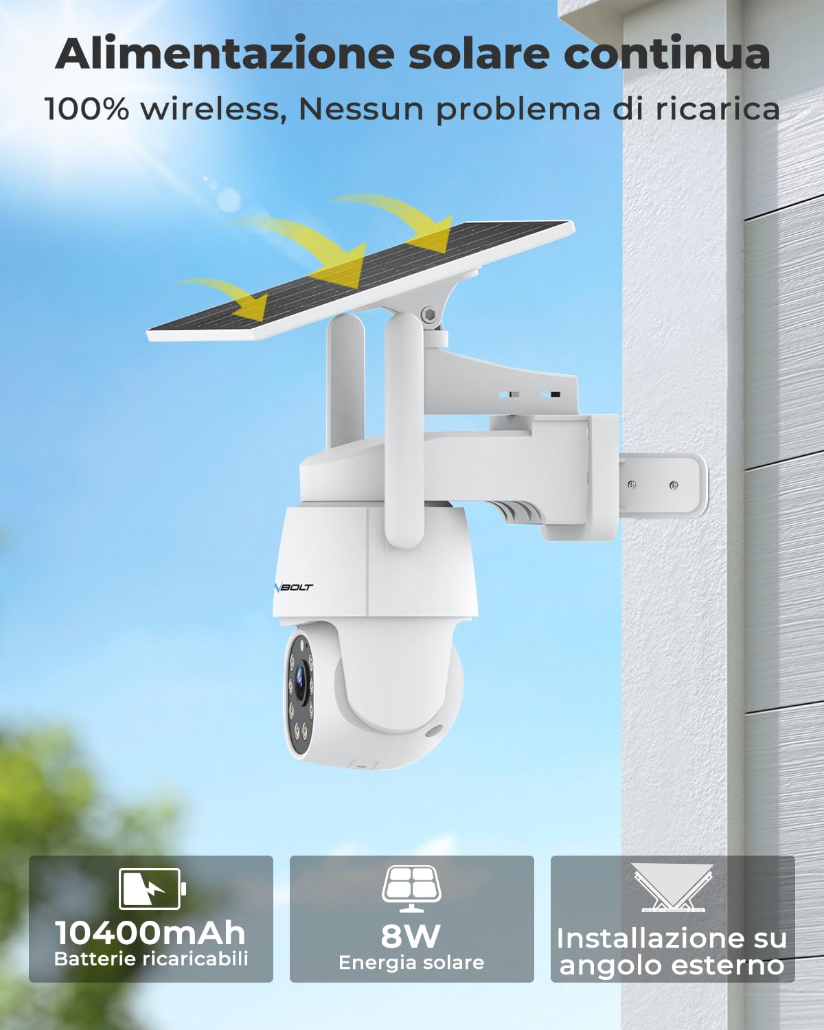 GENBOLT 2K AOV Solare Telecamera Wi-Fi Esterno Senza Fili | Registrazione 24/7 PTZ Videocamera Sorveglianza, Rilevamento AI a 90 piedi, 2,4/5GHz, 8W 10400mAh, Audio Bidirezionale, IP66