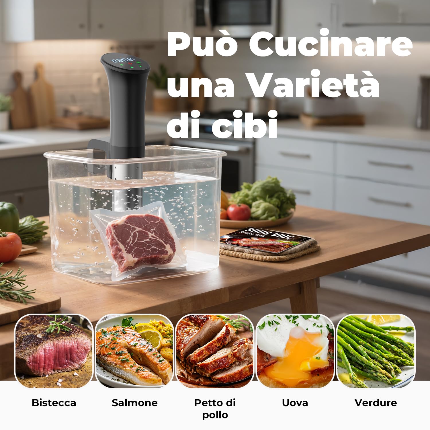 OUSFOT Sous Vide Roner Cucina, 0,1°C Controllo preciso della temperatura, Cottura Bassa Temperatura, Circolazione Dell'acqua 3D Con Ricette, Adatto a una Dieta Sana e Povera di Grassi,Nera