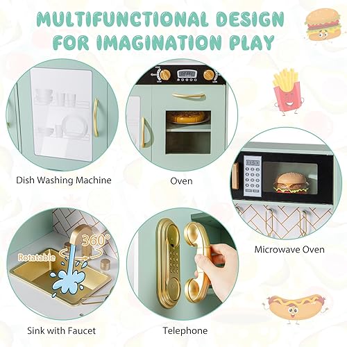 Miniatura 2 de Costzon Juego de cocina para niños, juego de cocina grande de madera con sonidos y luces reales, microondas, pizarra, horno, máquina de hielo,