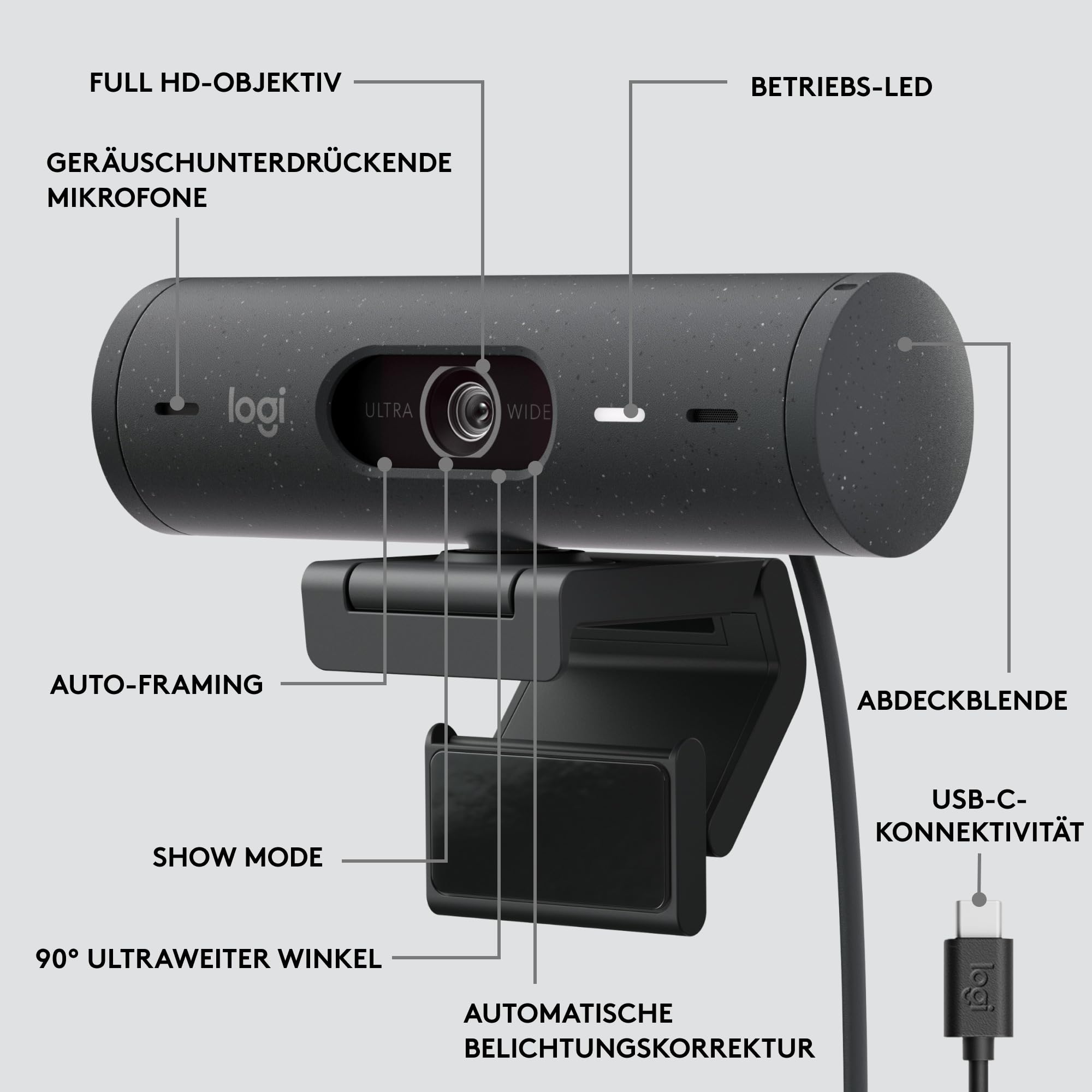 Logitech Brio 505 Full HD-Webcam mit automatischer Belichtungskorrektur | Auto-Framing, Präsentationsmodus, 2 Mikrofone, Geräuschunterdrückung, Abdeckblende, Teams, Meet, Zoom, Graphit